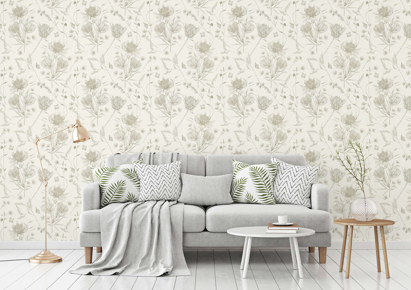             wallpaper floral with flowers & butterflies textured matt - white, green
        