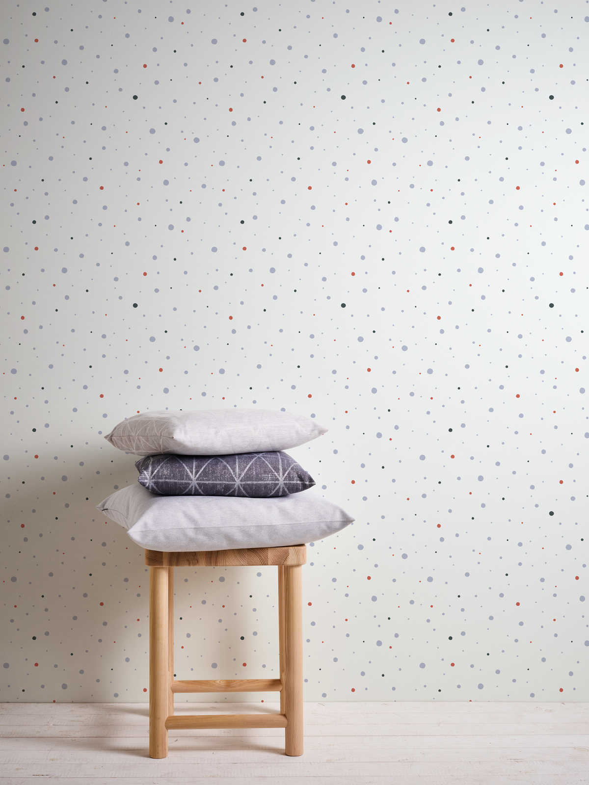             Neutral nursery wallpaper with dots - white, grey, red
        