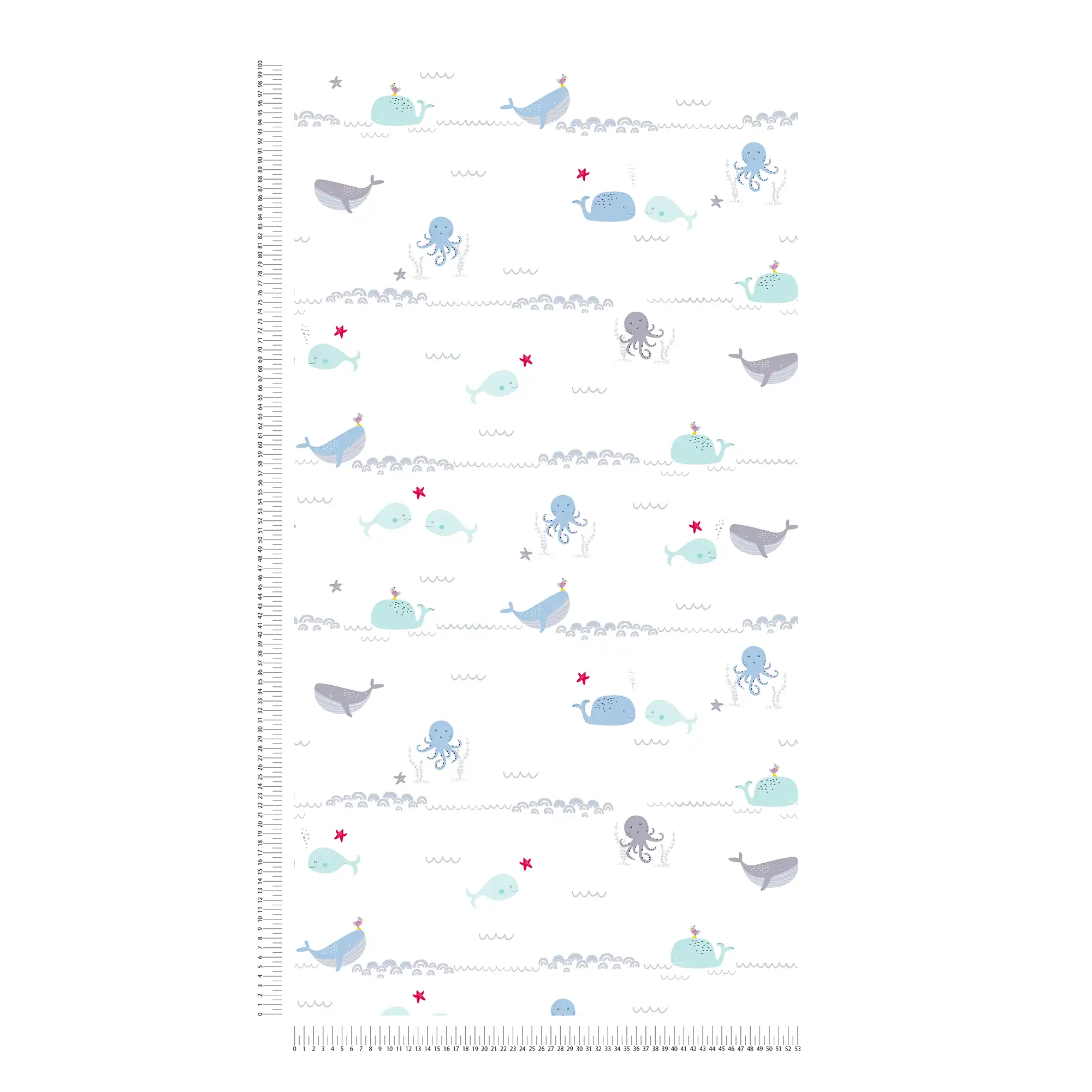             Nursery wallpaper sea animals - blue, grey, white
        