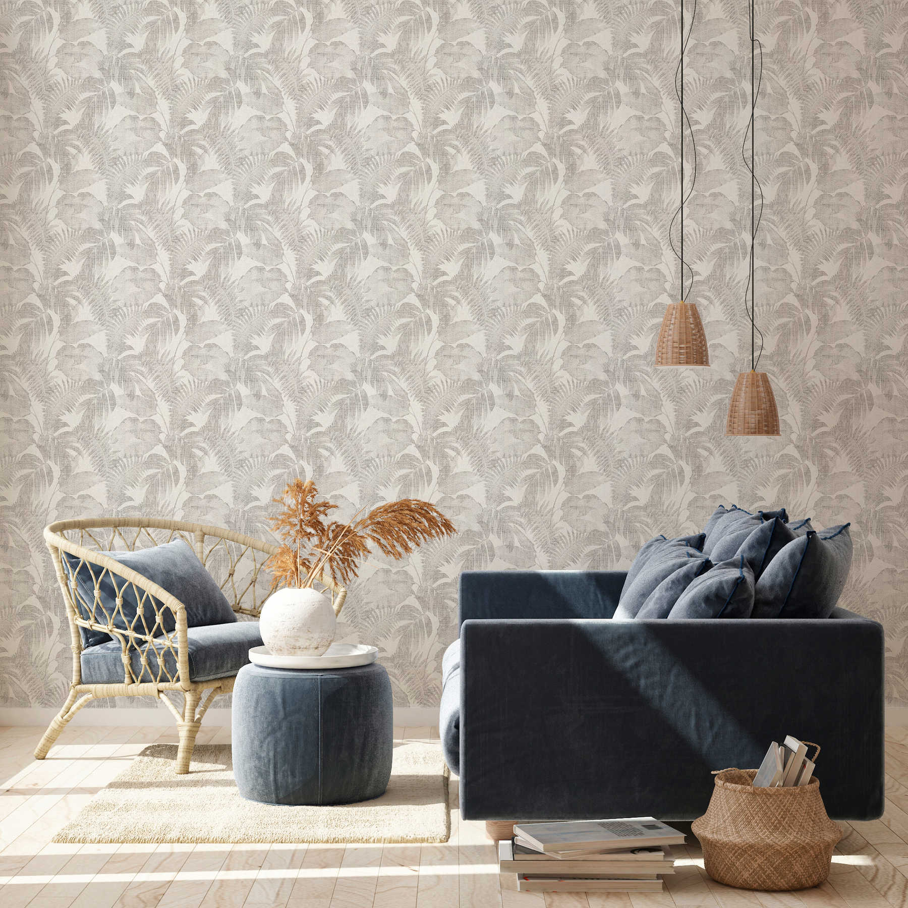             Boho jungle wallpaper with linen look - taupe, cream, beige
        