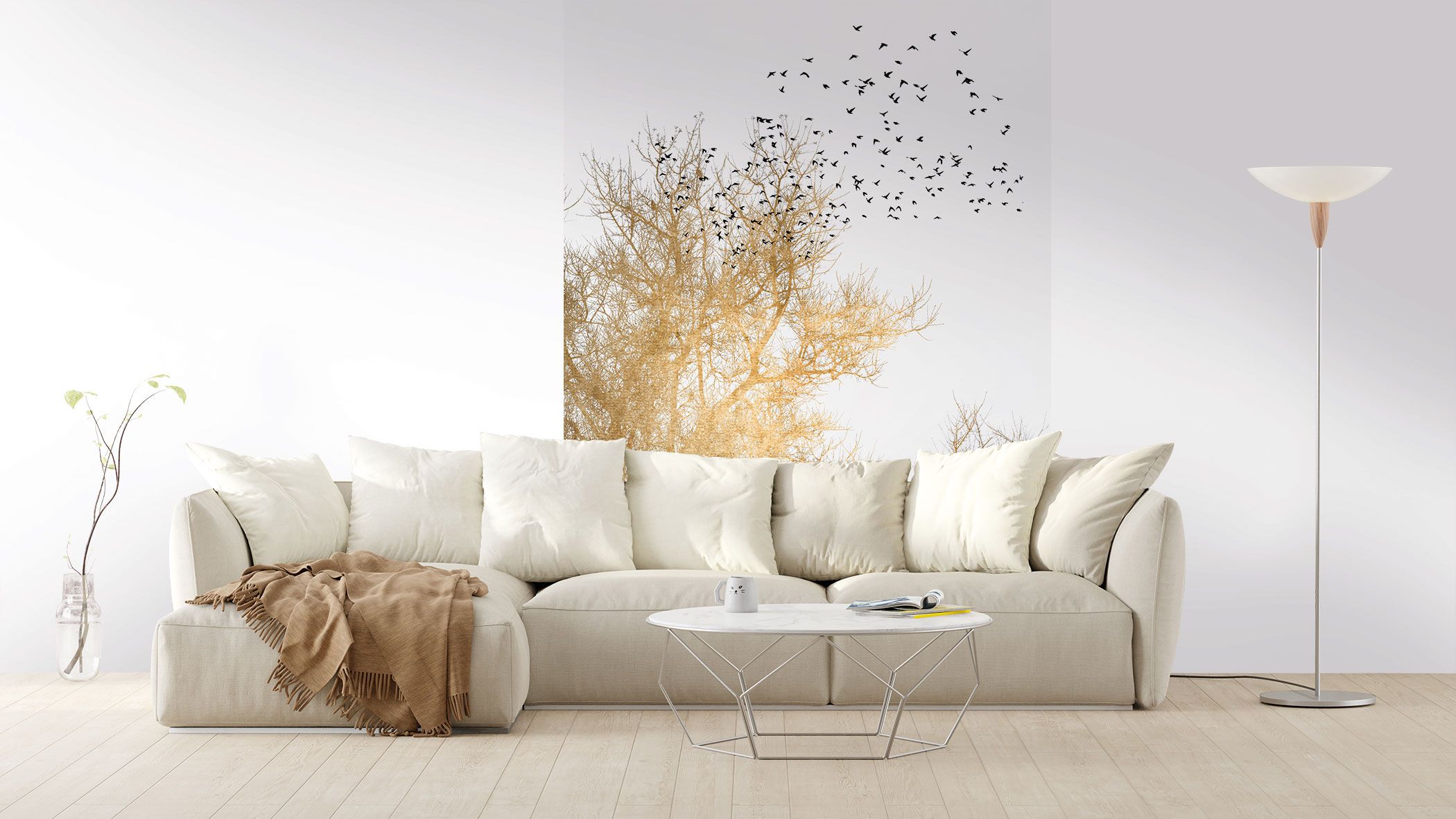 Accent wall in living room photo wallpaper with golden tree crown DD119897