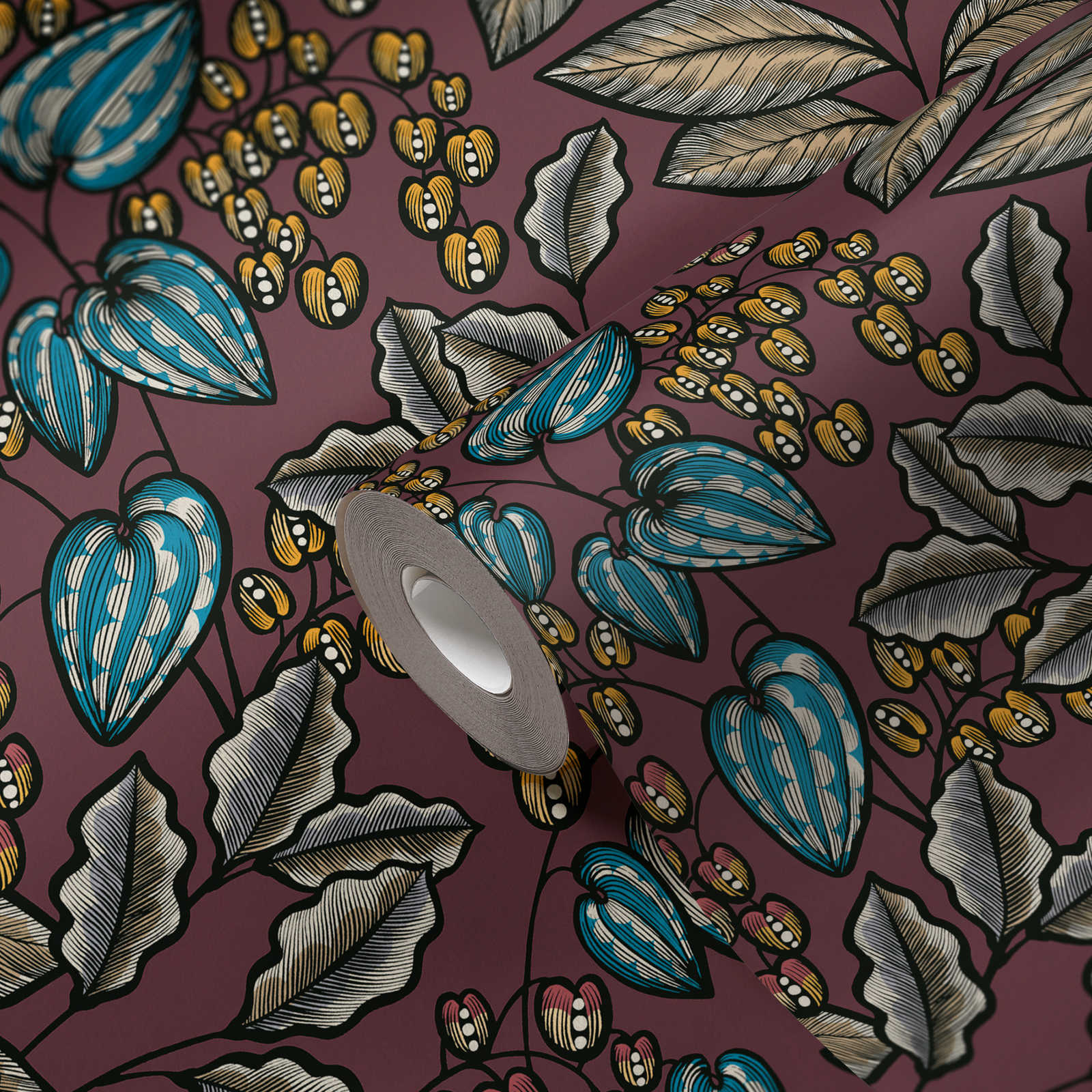             Bloemenbehang paars met bladerenprint in Scandinavische stijl
        