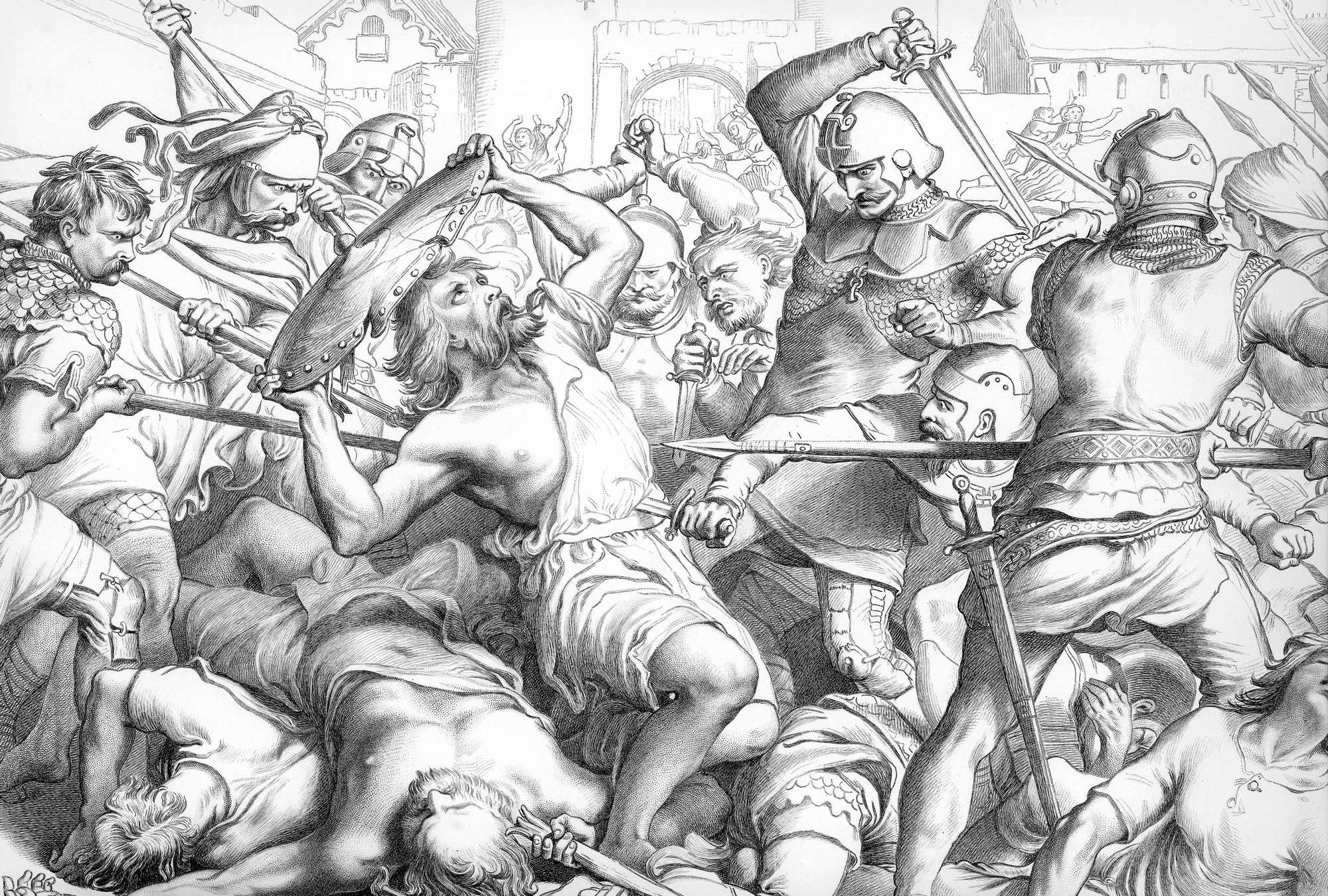             Disegno murale a matita «L'ultimo combattimento di Hereward the Wake».
        