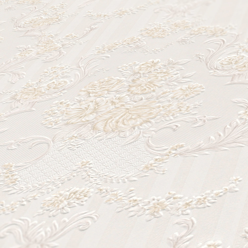             Neobarok Papierbehang met roos ornamenten & strepen - beige
        