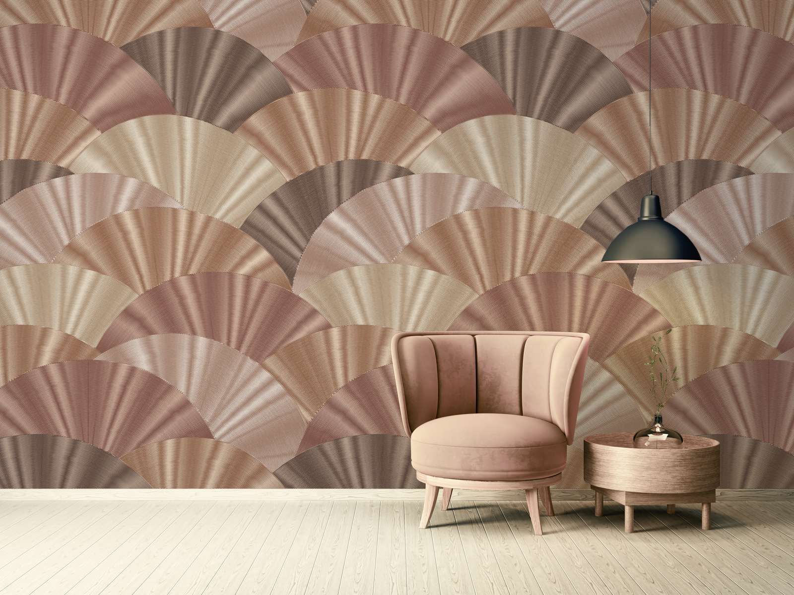             Non-woven wallpaper with fan pattern in soft shades - pink, cream, beige
        