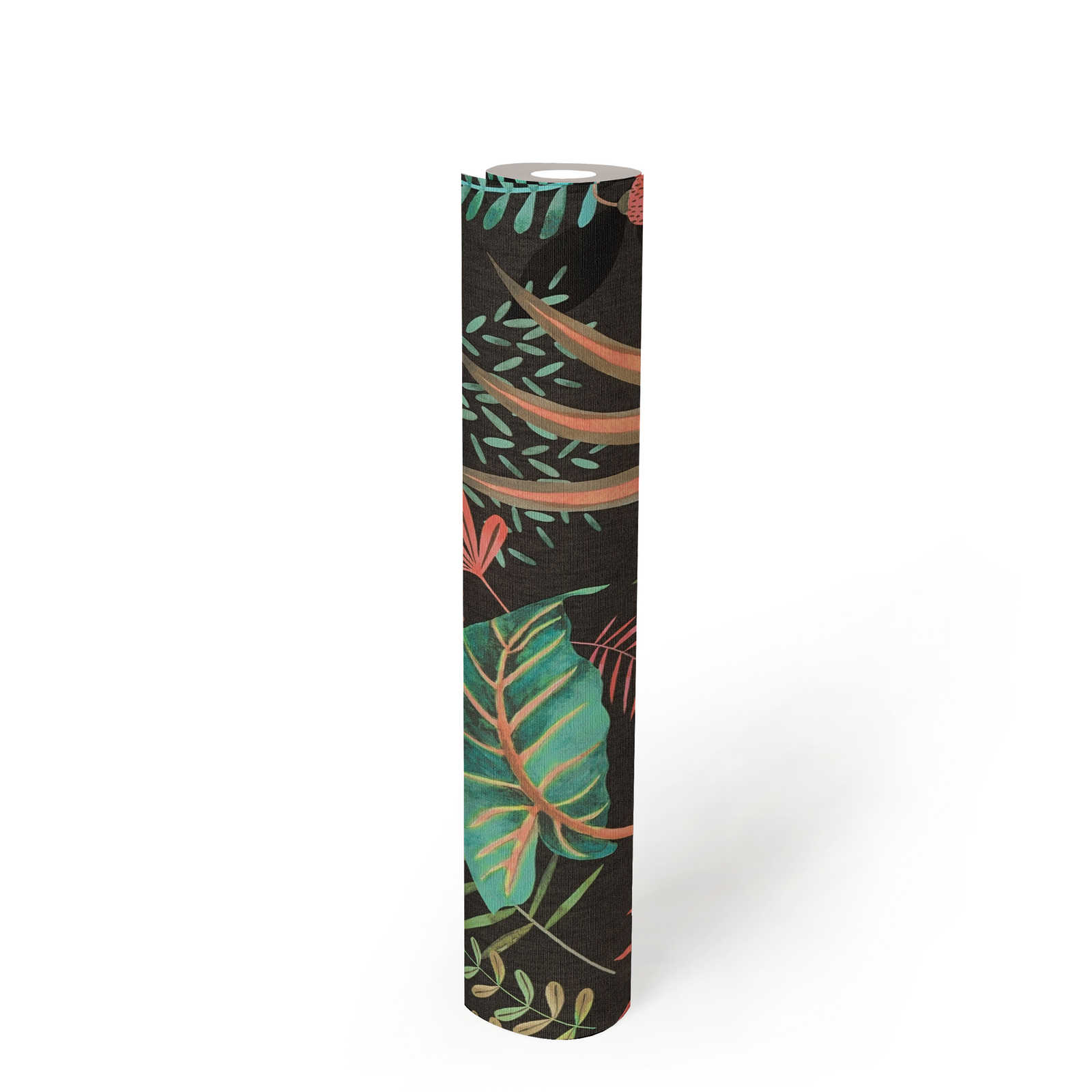             Papel pintado tejido-no tejido floral con mezcla de hojas ligeramente texturizado, mate - negro, multicolor, verde
        
