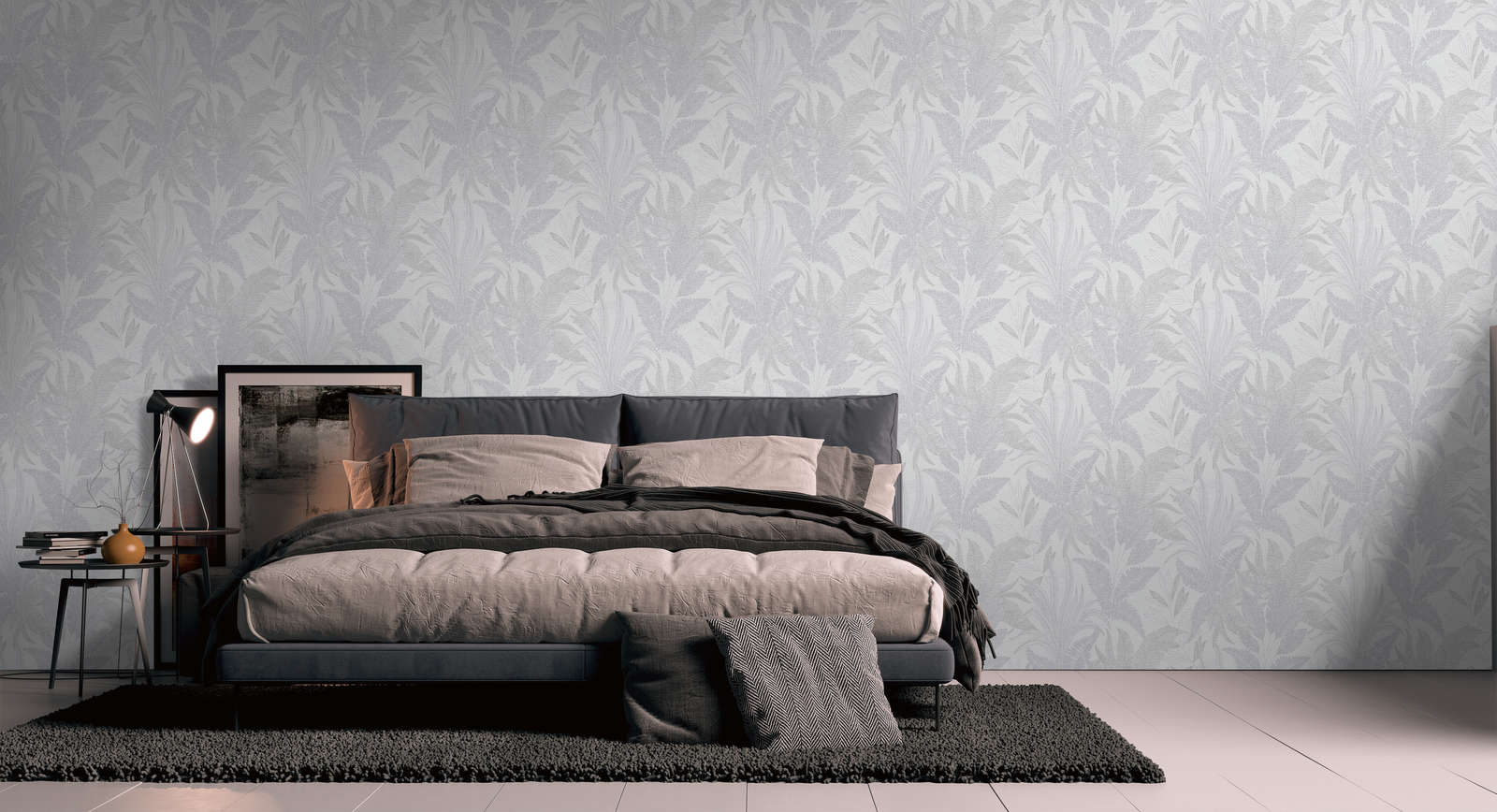             Non-woven wallpaper with jungle leaves - lightly textured pattern - grey, cream, gold
        