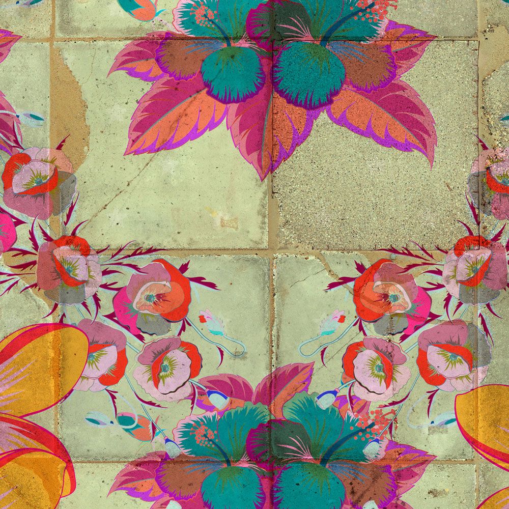             Photo wallpaper »jolie« - Floral design with kaleidoscope effect on concrete tile structure - Smooth, slightly shiny premium non-woven fabric
        