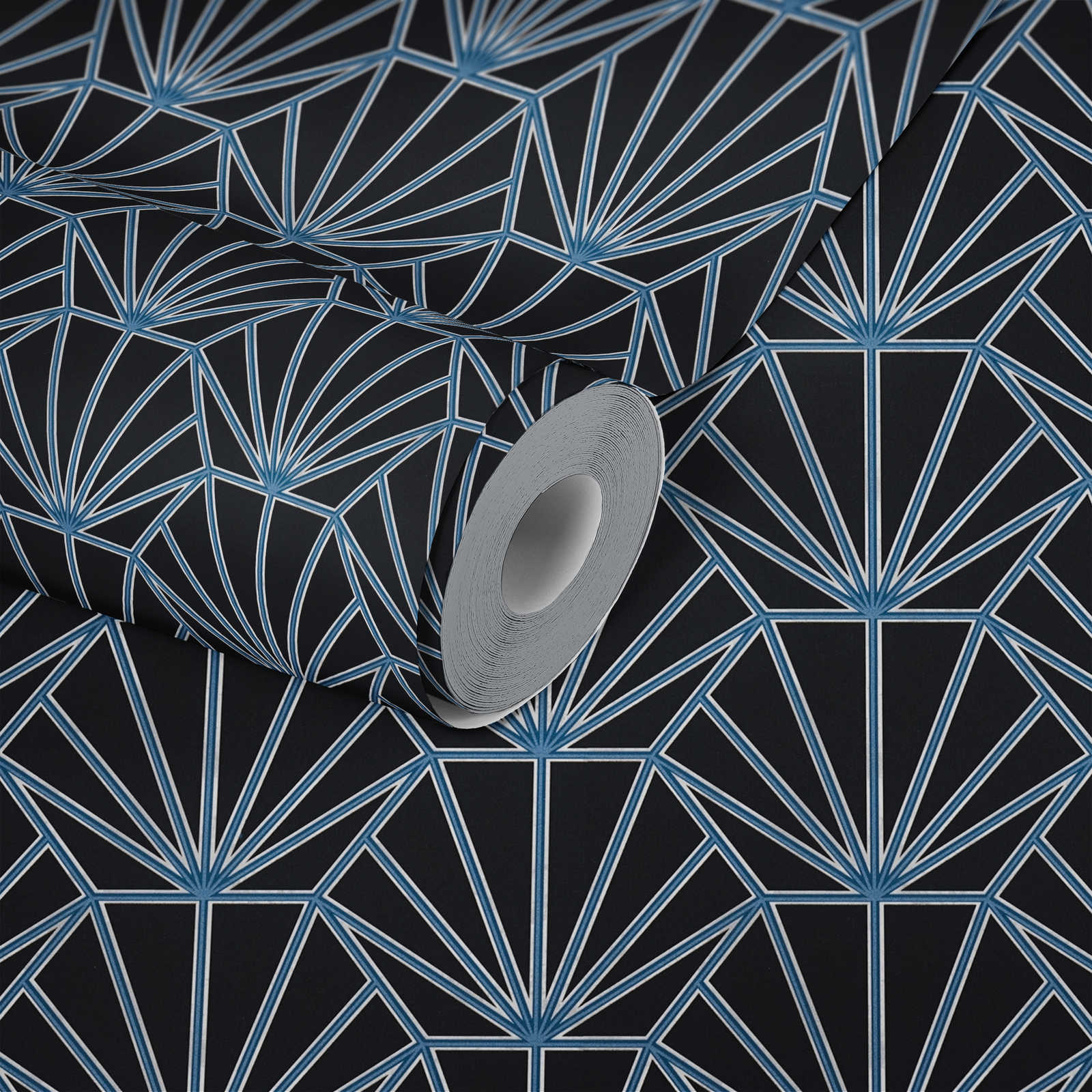             Art deco wallpaper patterned retro look - black, blue, white
        