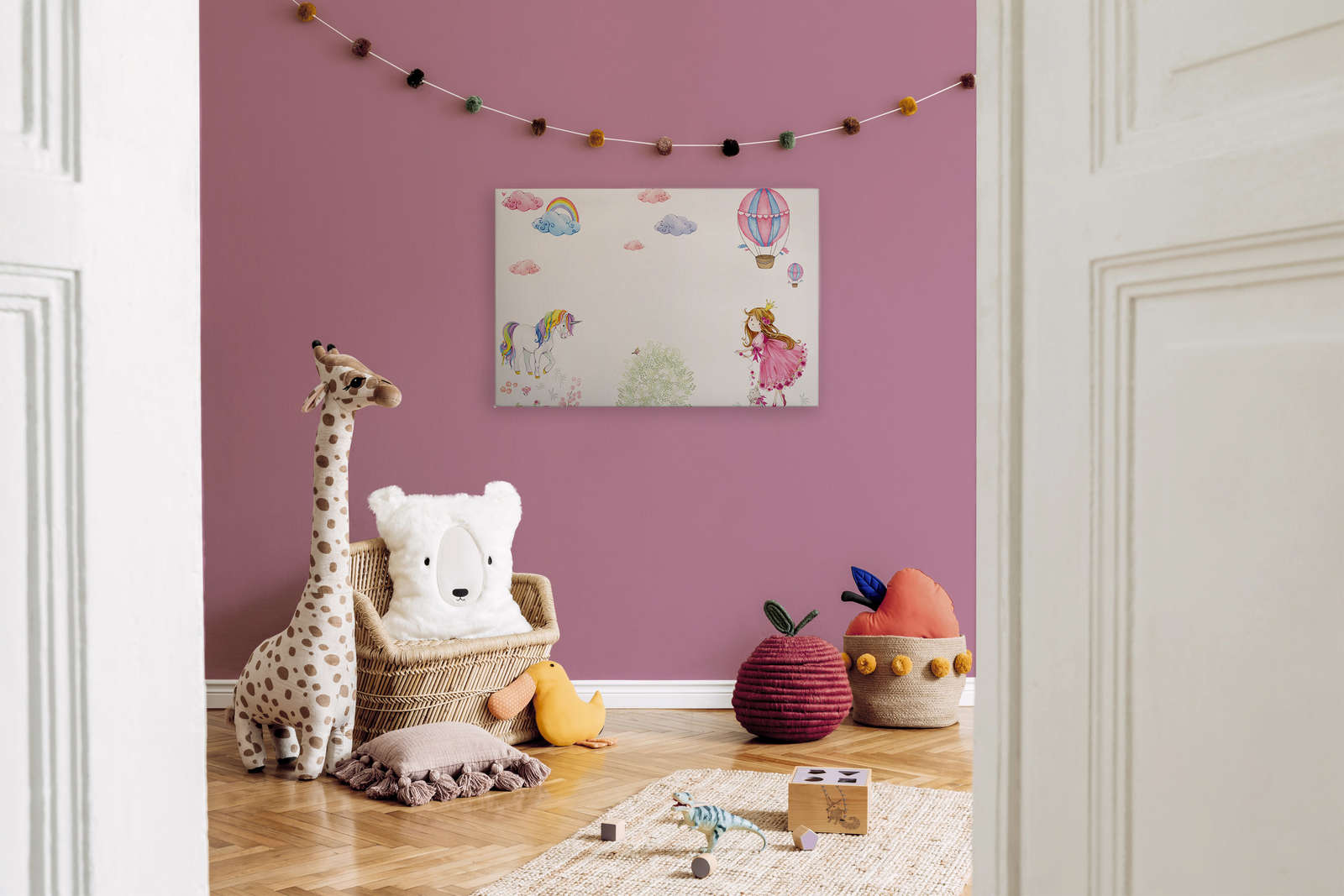             Tableau sur toile Chambre d'enfant avec princesse et licorne - 0,90 m x 0,60 m
        