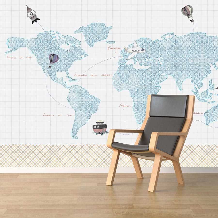 Children mural world map drawing on textured non-woven
