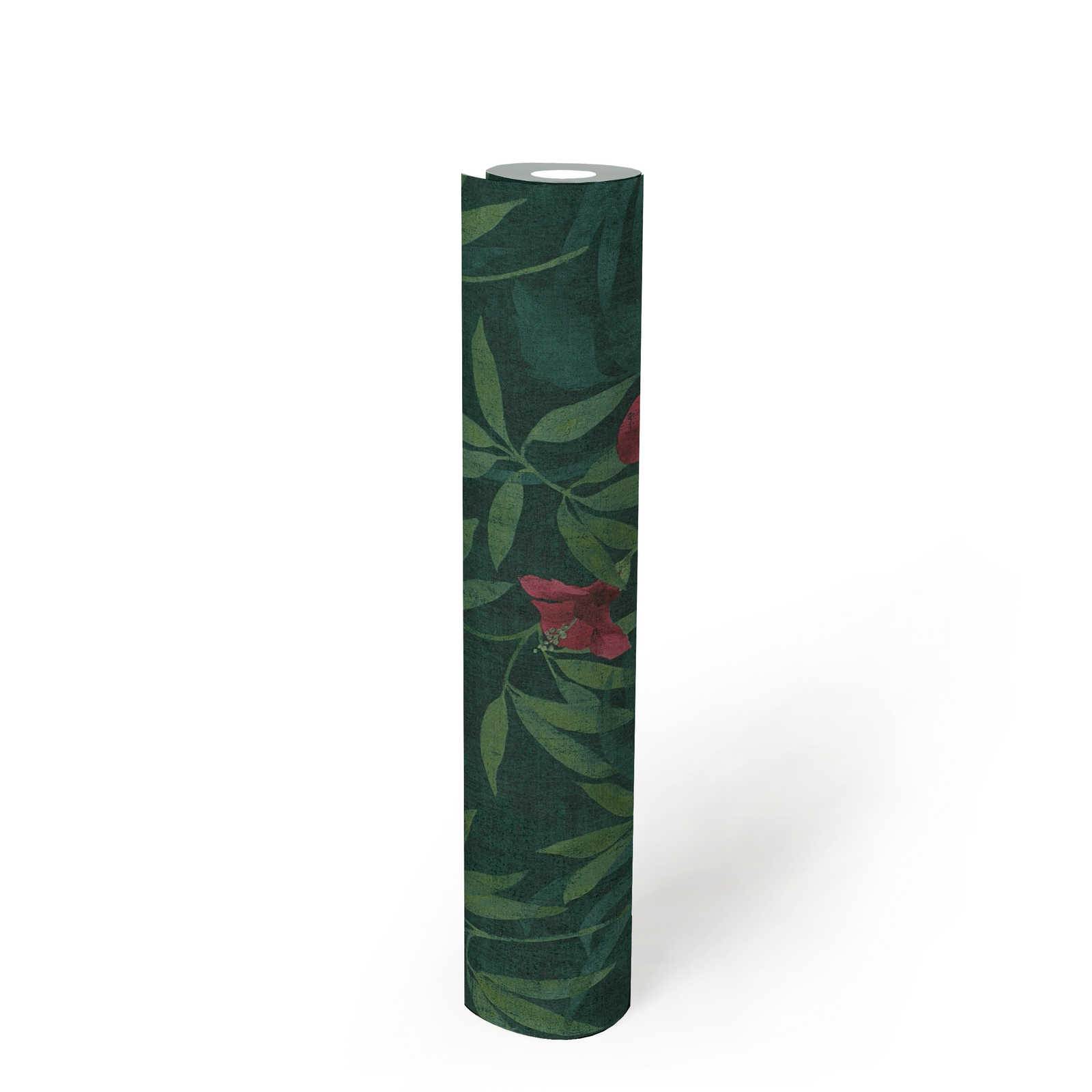             Carta da parati Jungle verde & fiori di ibisco - verde, rosso
        