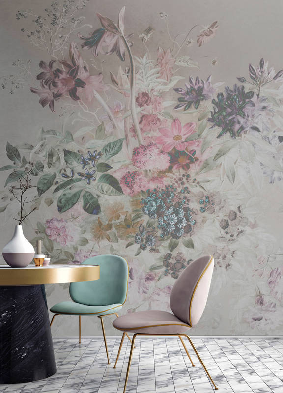             Flowers mural with pastel colours design - pink, grey
        