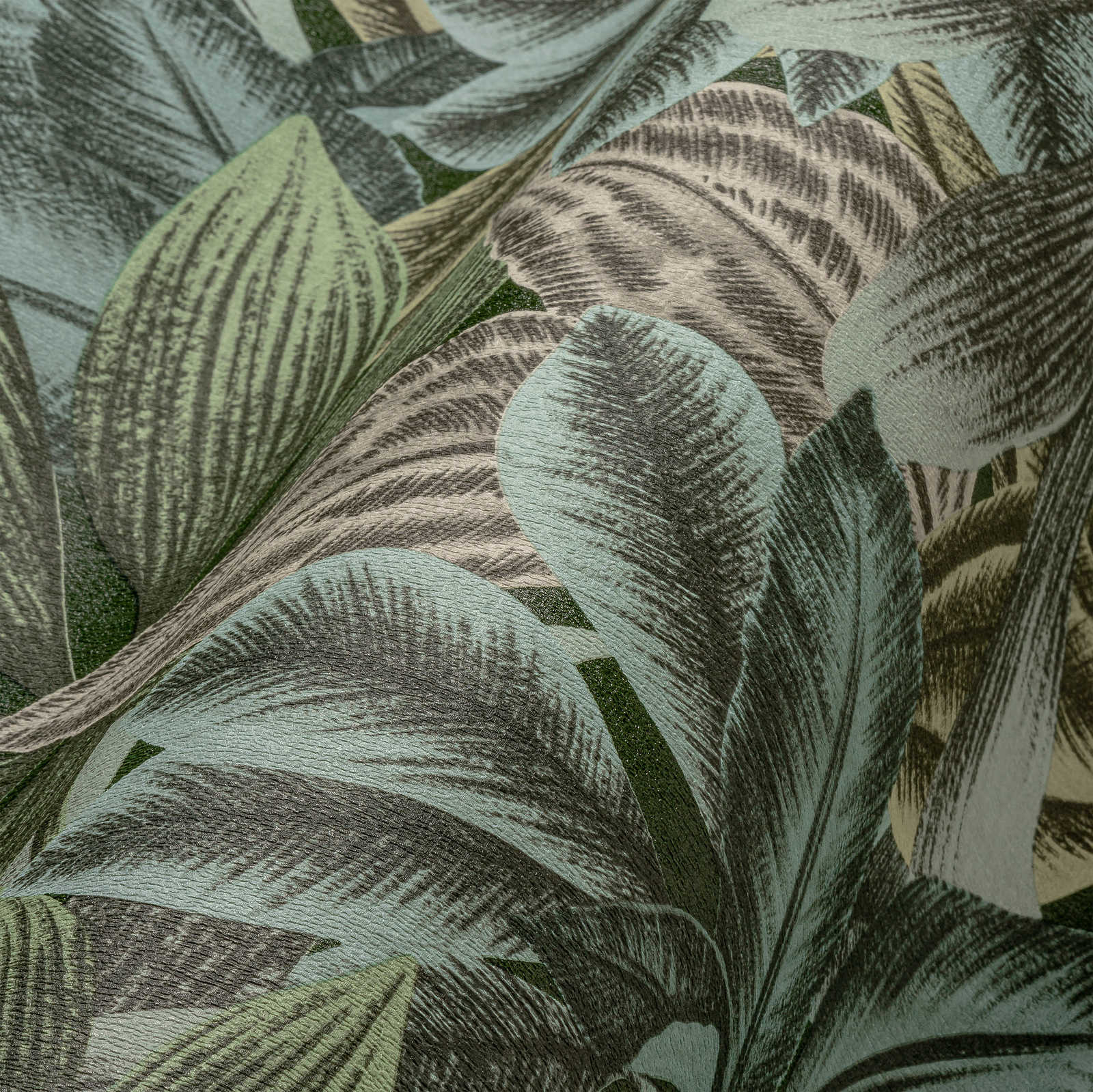            Papel pintado con estampado de hojas de aspecto tropical - verde, azul, gris
        