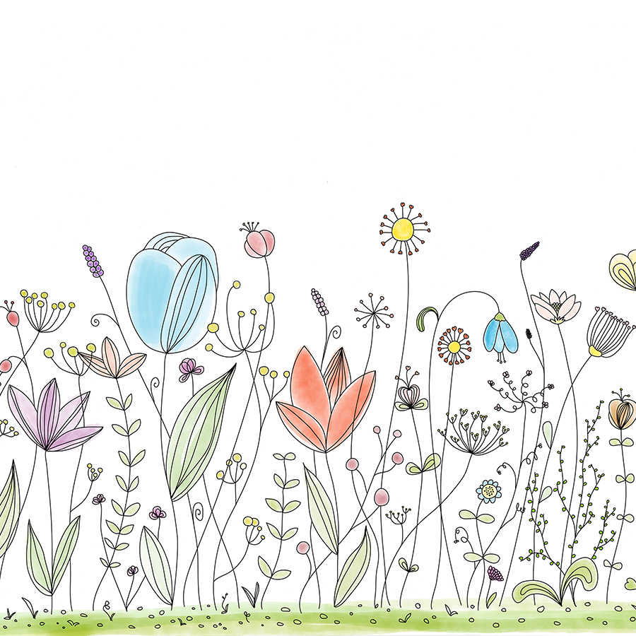 Children mural with colourful drawn flowers on matte smooth non-woven
