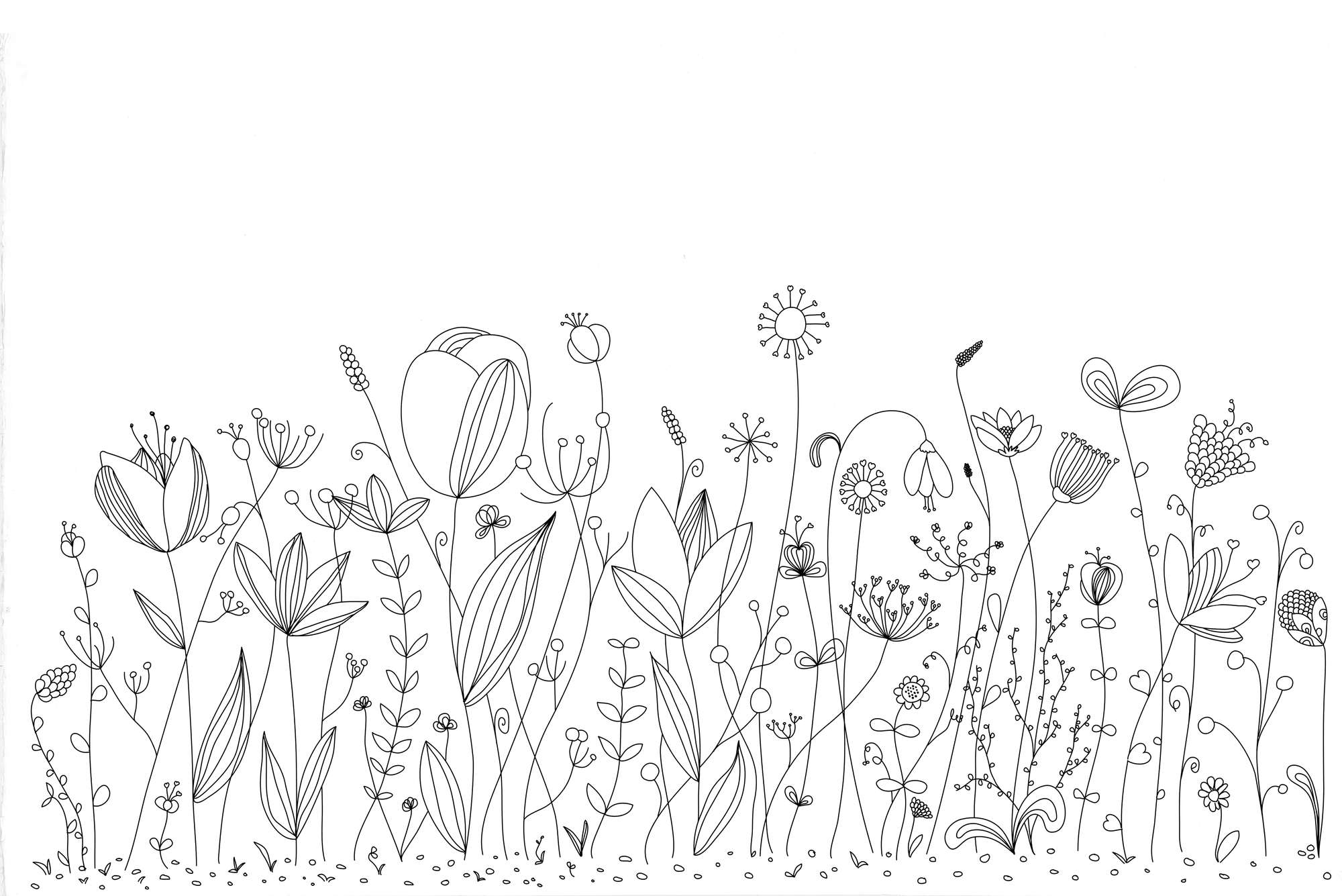             Kids mural with black and white drawn flowers on textured fleece
        