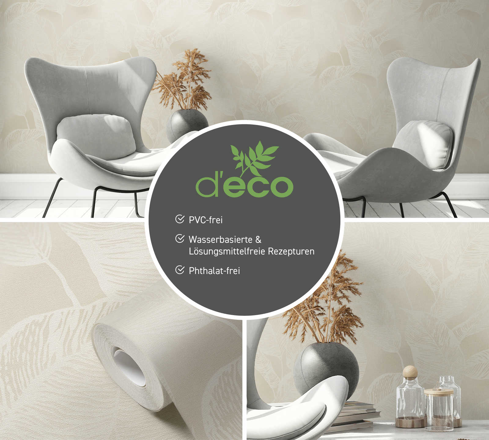             Leaf pattern non-woven wallpaper PVC-free - beige, white
        
