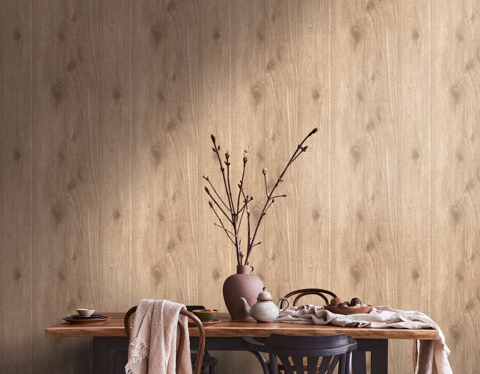             Light brown wallpaper wood look with grain - brown, beige
        