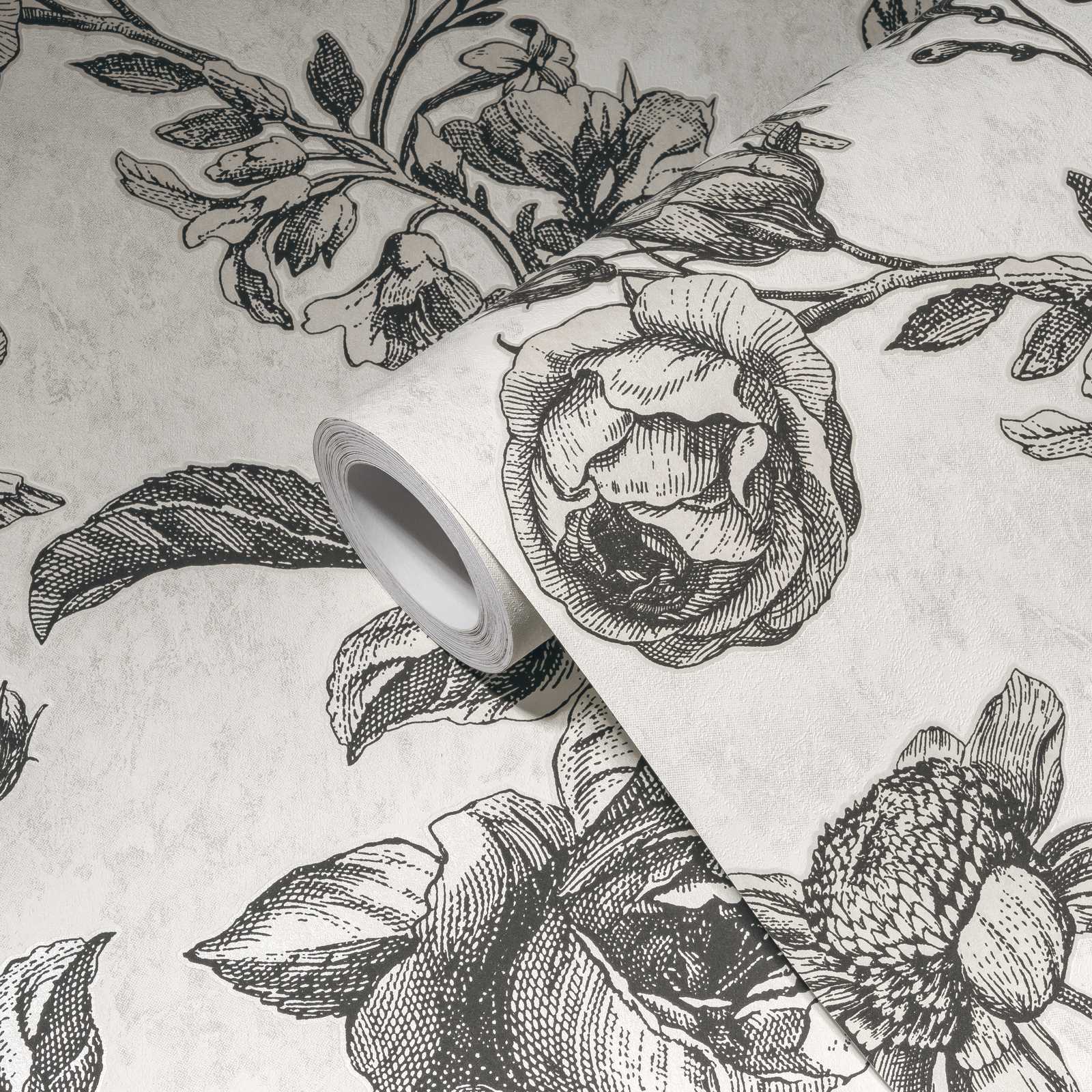             Zwart-crème behang rozen bloemenpatroon - wit, zwart, grijs
        