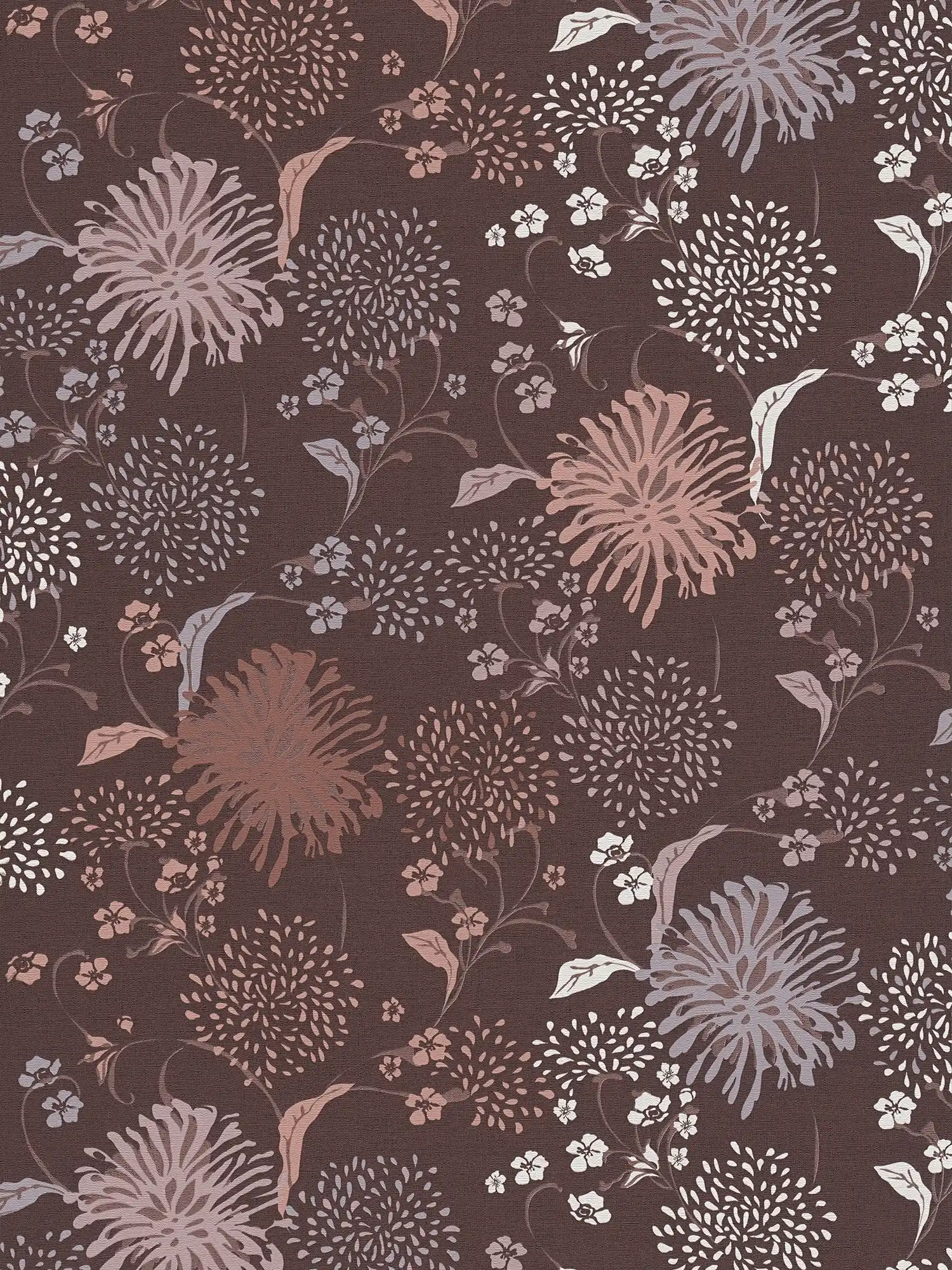 Floral wallpaper with playful pattern & linen look - wine red, grey, white
