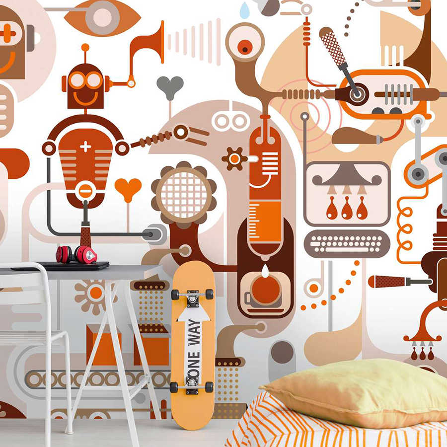 Carta da parati robot e macchine per la camera dei bambini - Marrone, arancione, bianco
