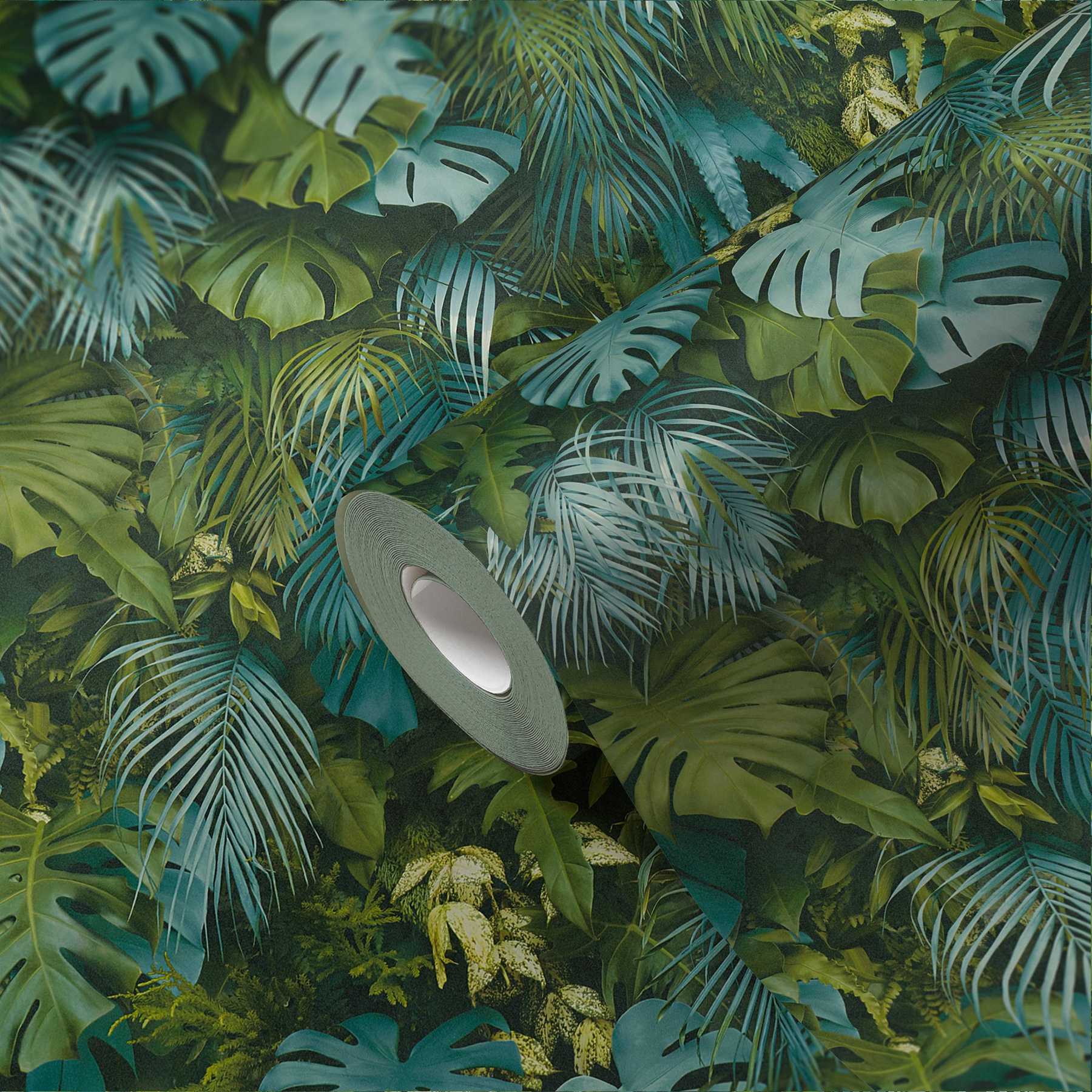            Behang groen blad bos, realistisch, kleuraccenten - groen, blauw
        