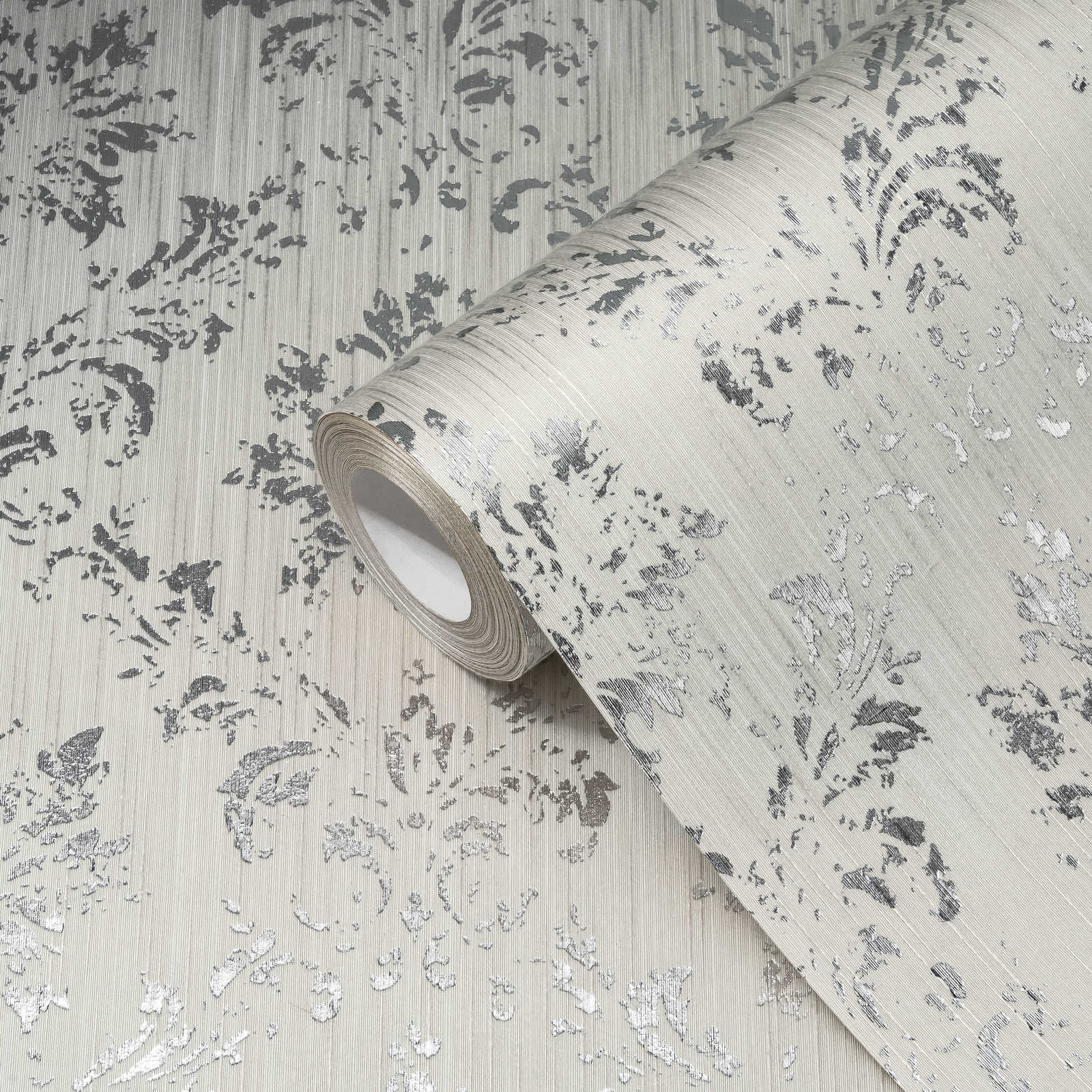             Wallpaper with silver ornaments in used look - grey, silver
        