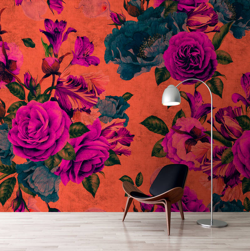             Spanish rose 2 - rose petal wallpaper, natural structure with bright colours - Orange, Violet | Matt smooth fleece
        