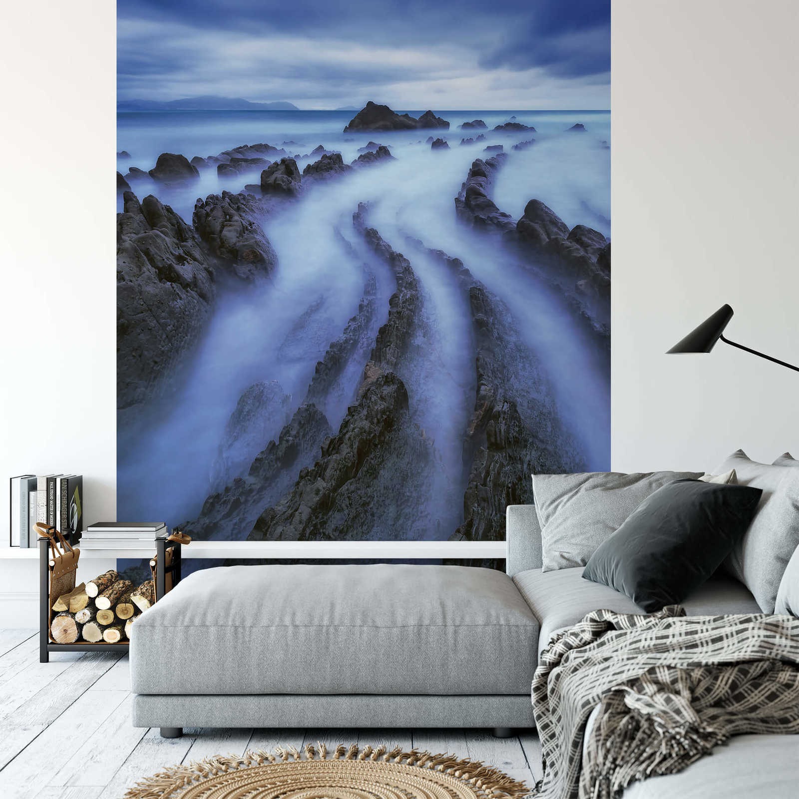             Papier peint panoramique paysage brume sur mer - bleu, gris
        