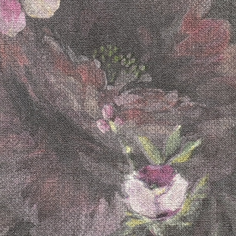             Papier peint intissé floral avec motif à fleurs sans PVC - noir, multicolore, vert
        