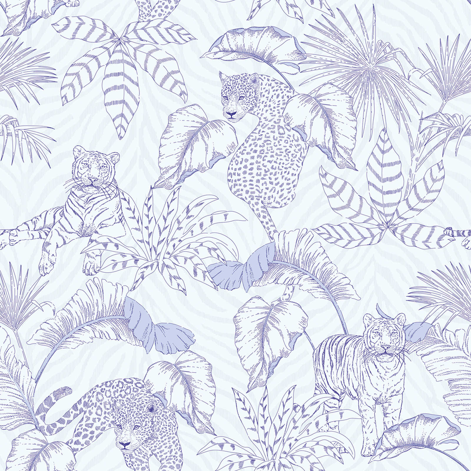 Jungle motif non-woven wallpaper with tigers and leopards - purple, white
