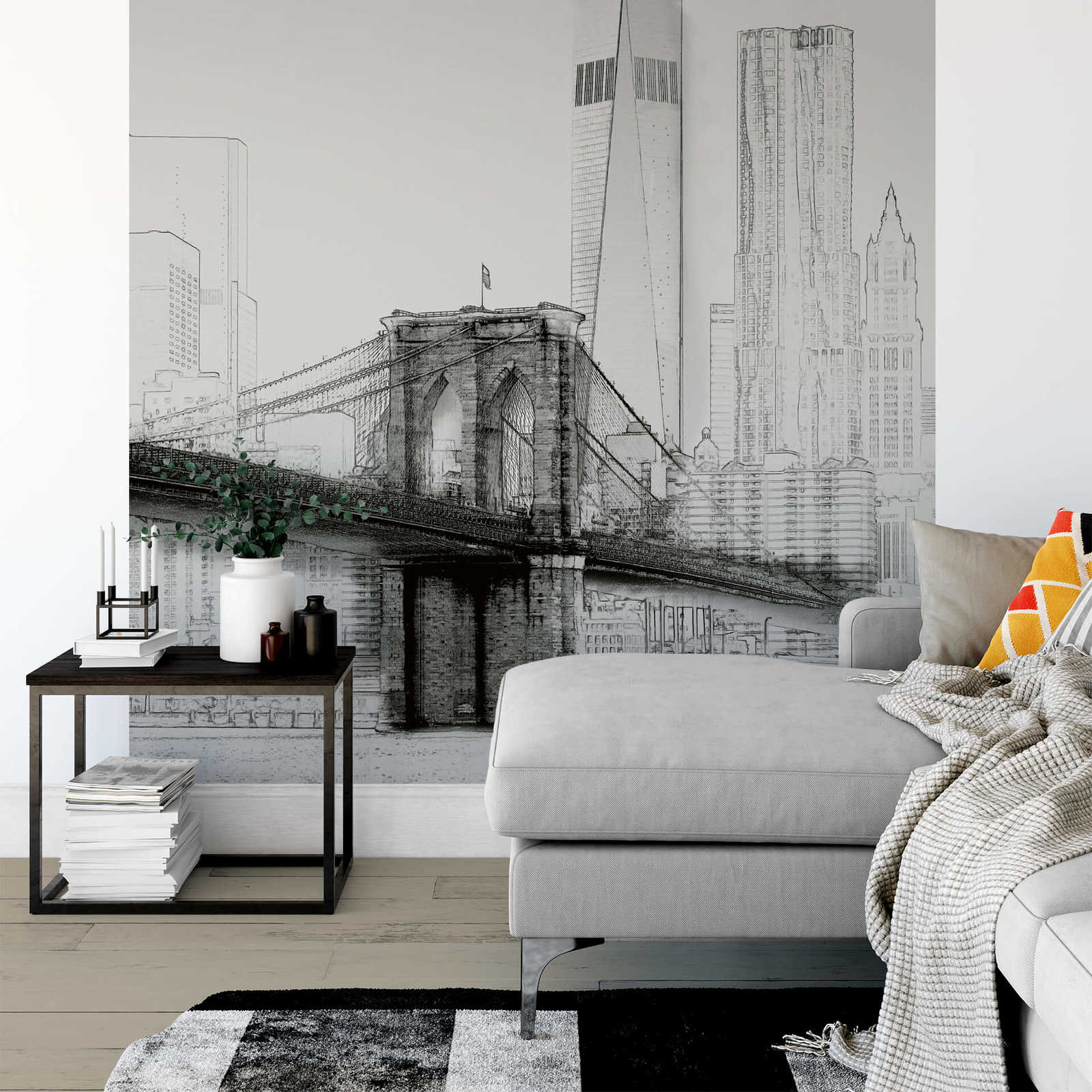             Papel pintado fotográfico en blanco y negro del horizonte de Nueva York, formato vertical
        