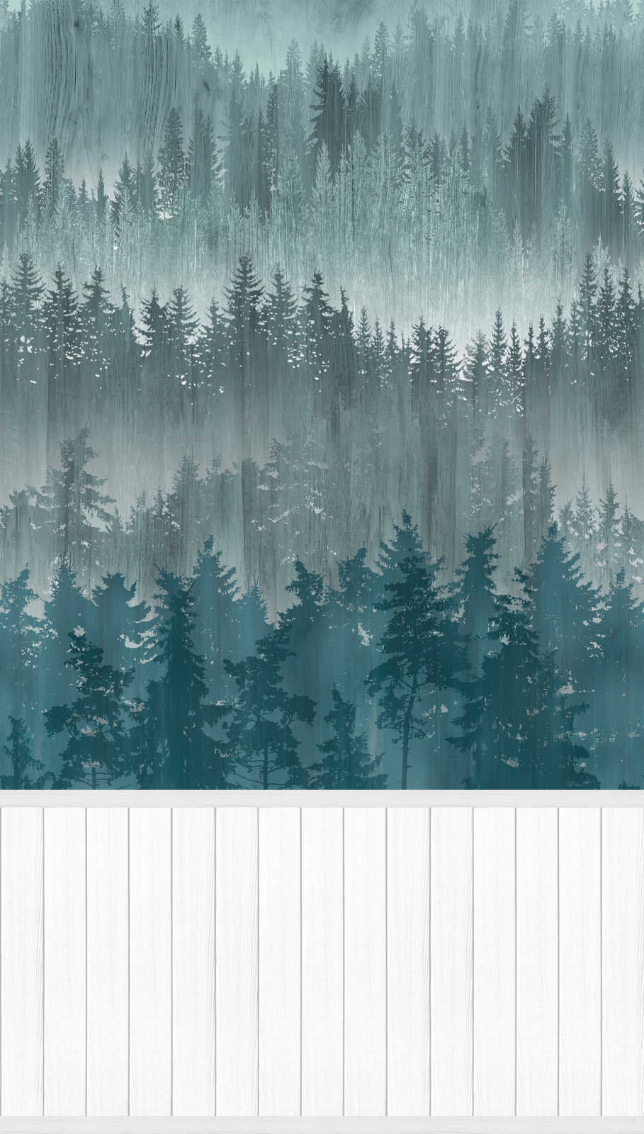             Non-woven motif wallpaper with wood-effect plinth border and forest pattern - white, turquoise
        