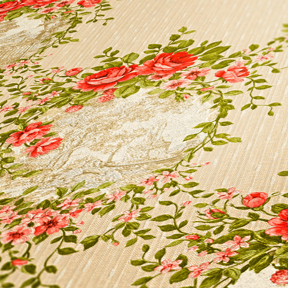             papel pintado diseño de la naturaleza motivos de paisaje y adornos de rosas - color, beige
        