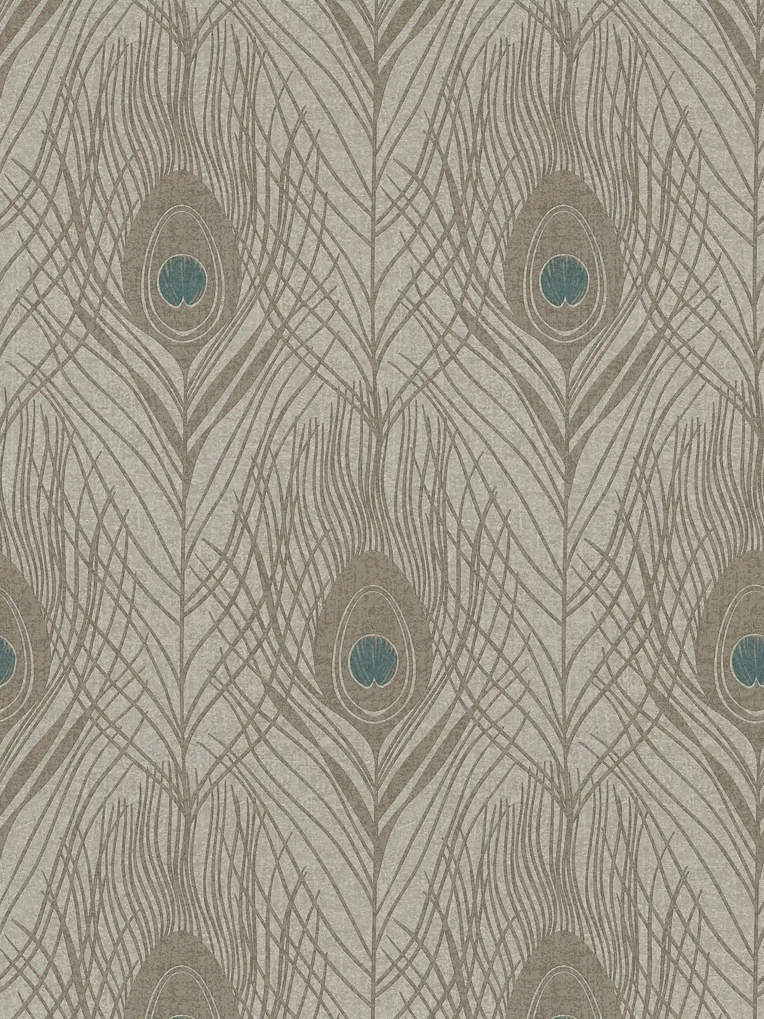 Brown non-woven wallpaper with peacock feathers, detailed - brown, grey, blue
