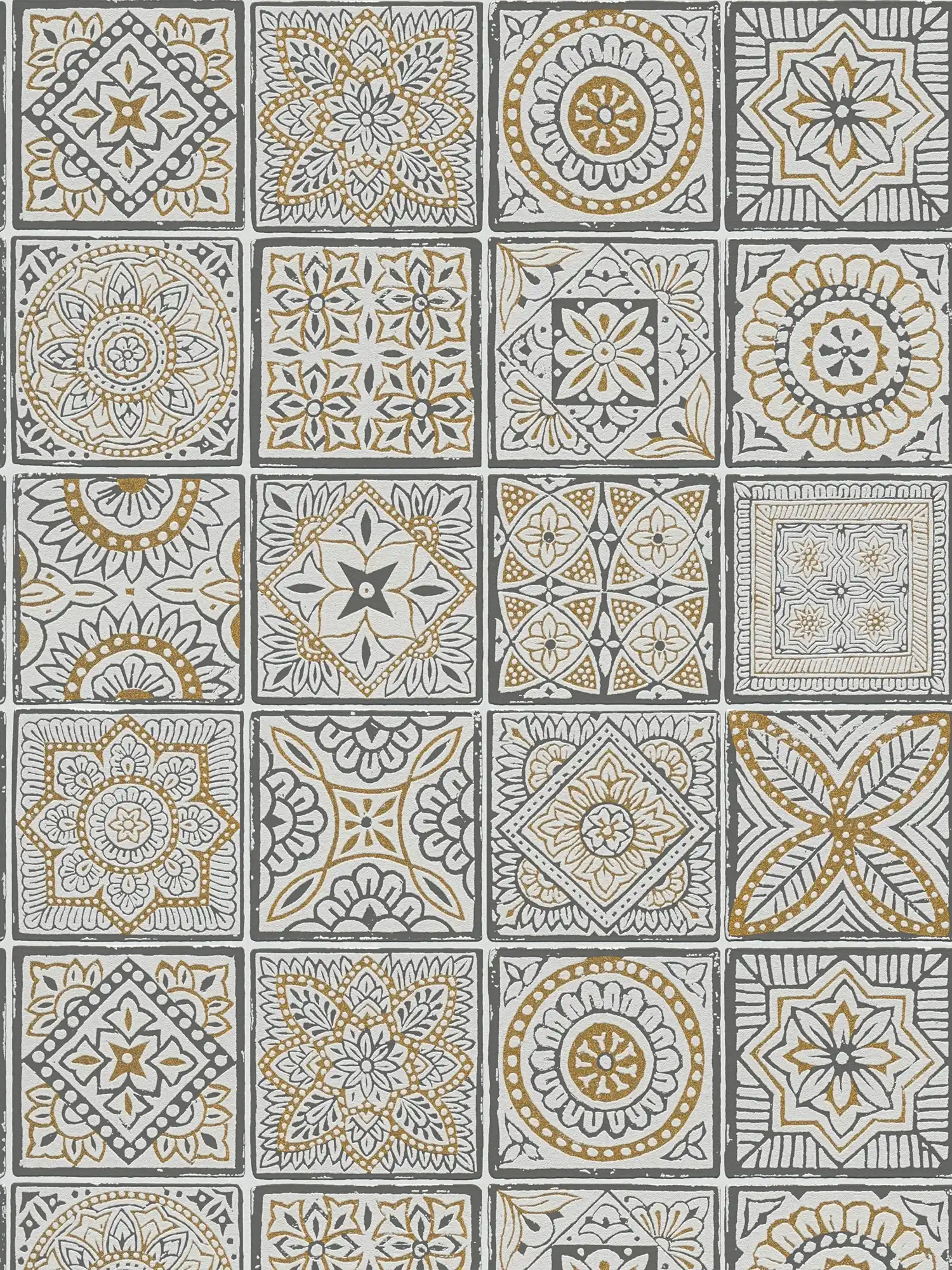 Papel pintado no tejido floral con aspecto de azulejos y mosaico - oro, blanco, negro
