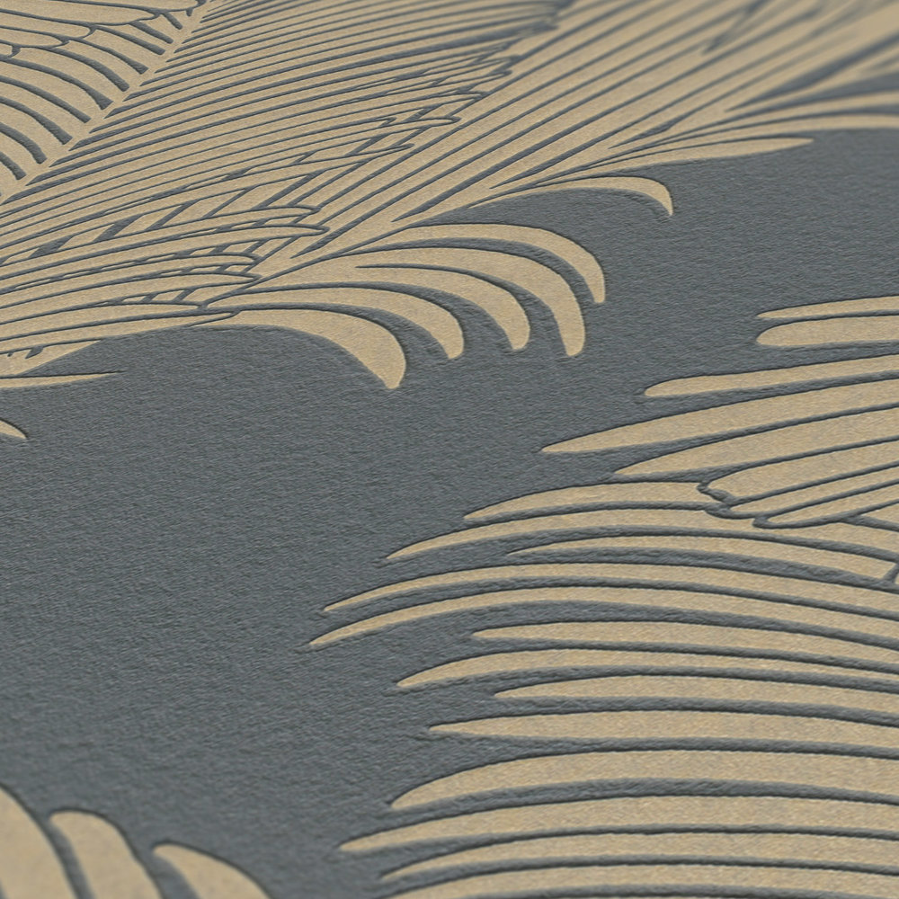             Palm leaves wallpaper grey & gold with texture & metallic effect
        