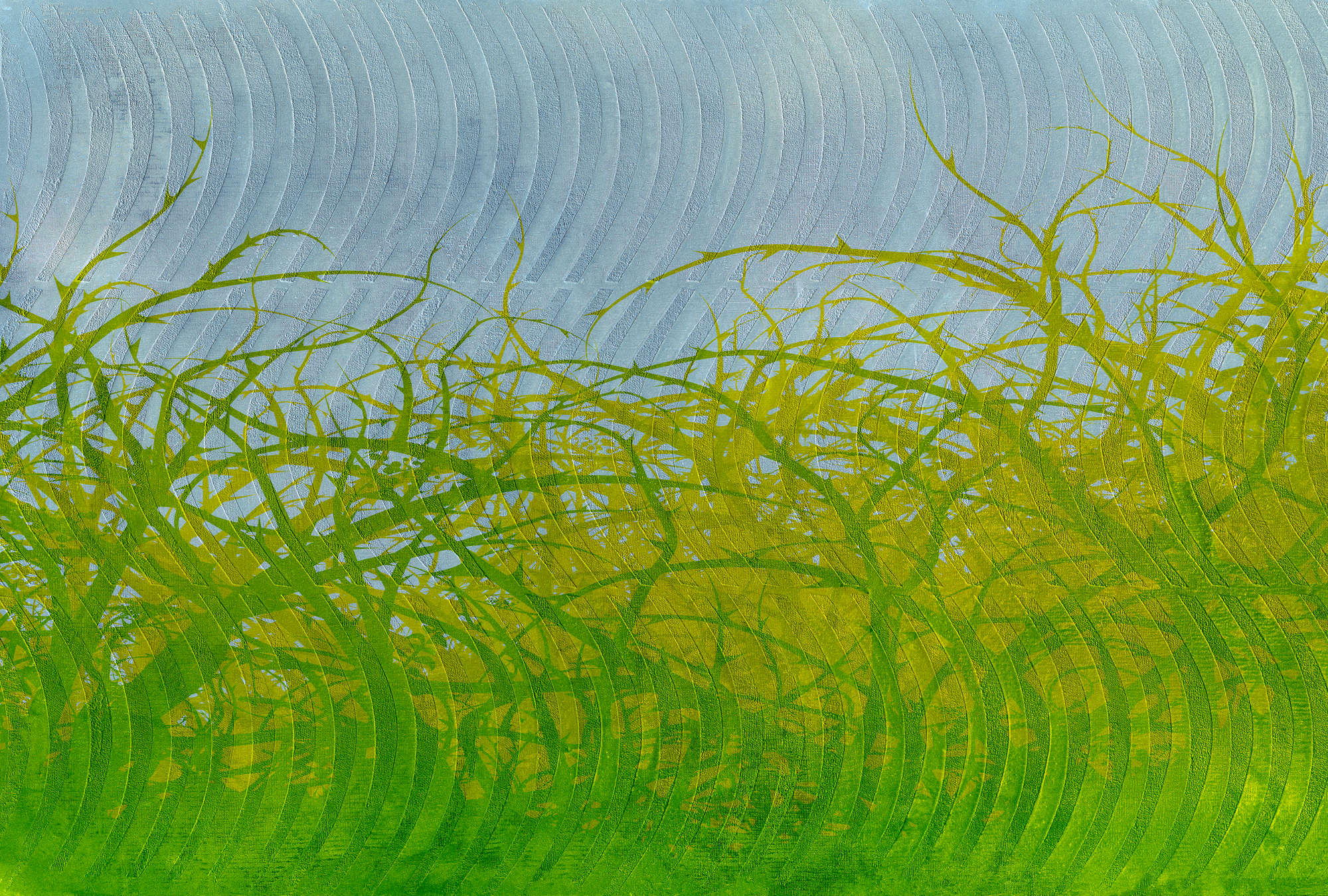             Papier peint abstrait motif branches pour chambre d'ado - vert, jaune, bleu
        
