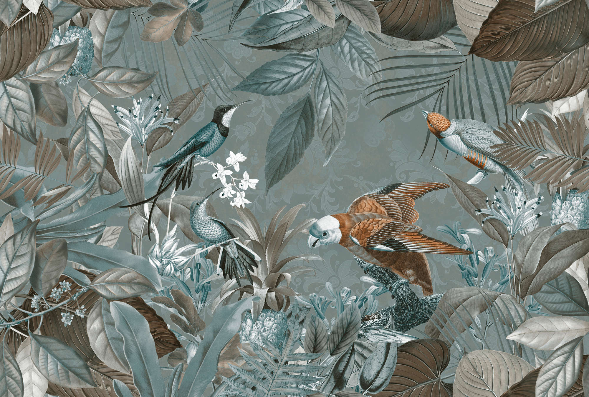             Jungle mural birds & tropical design
        