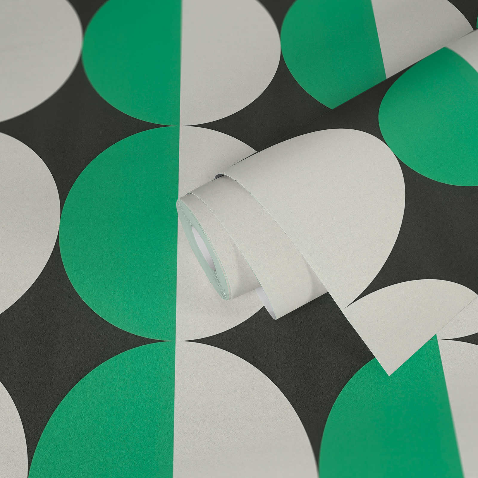             Carta da parati in tessuto non tessuto con motivo a cerchi in stile retrò anni '70 - verde, bianco, nero
        
