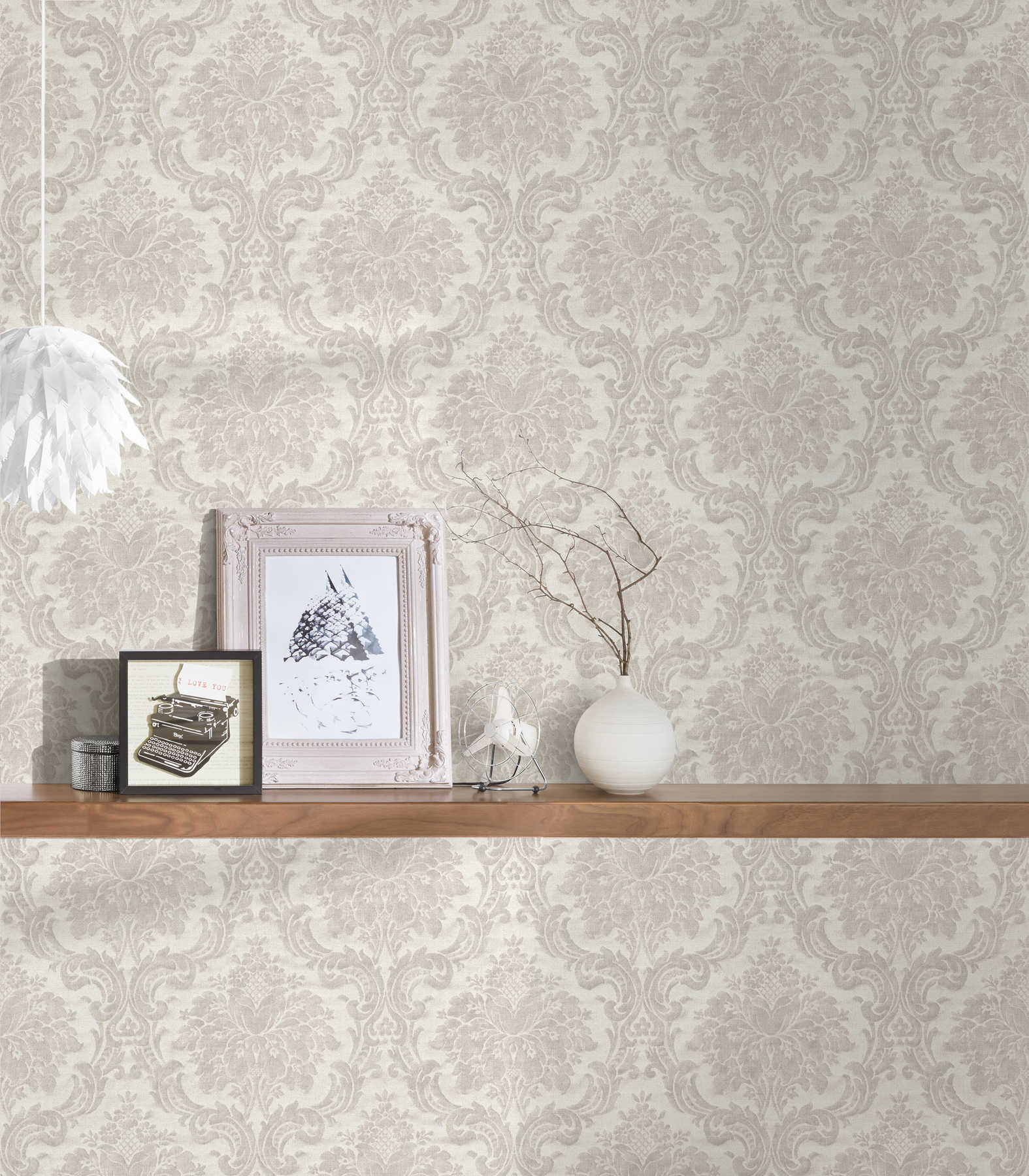             Papier peint ornemental vintage avec décor floral - beige, gris
        