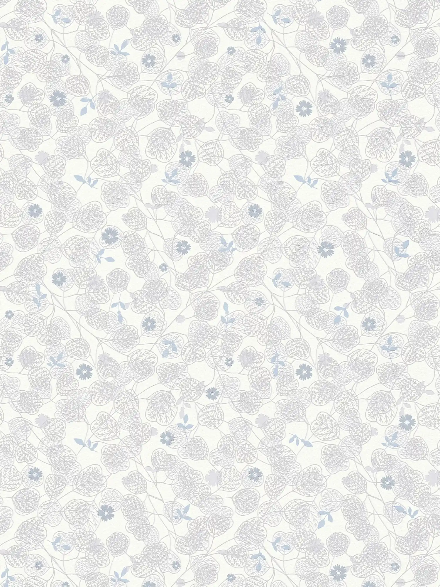 Papier peint fleuri avec fleurs et feuilles discrètes - blanc, gris, bleu
