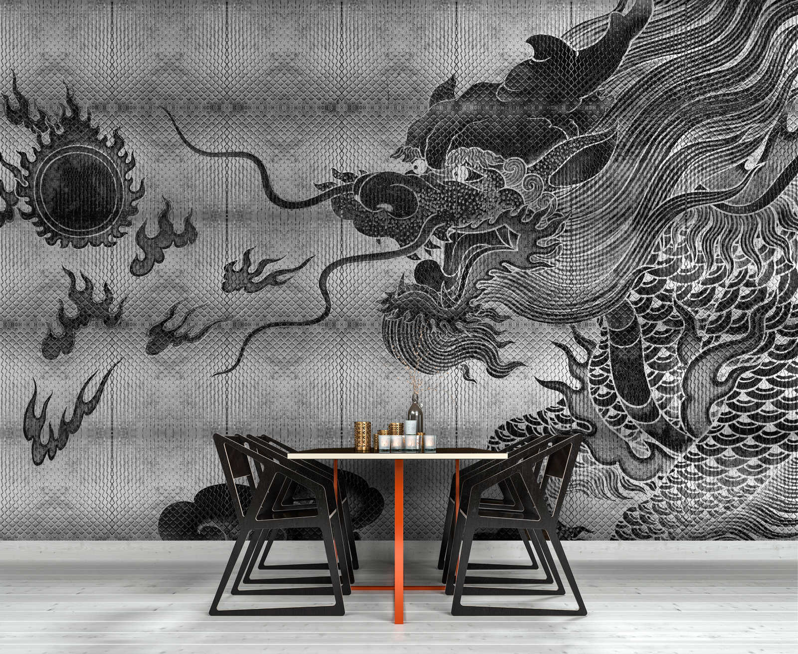             Shenzen 3 - Papier peint dragon argenté métallique de style asiatique
        