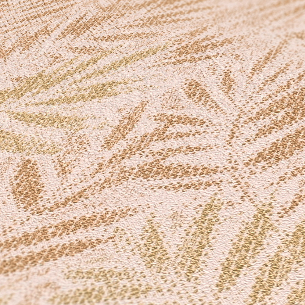             Papel pintado tejido-no tejido con motivo de hojas y efecto brillo - rosa, dorado
        