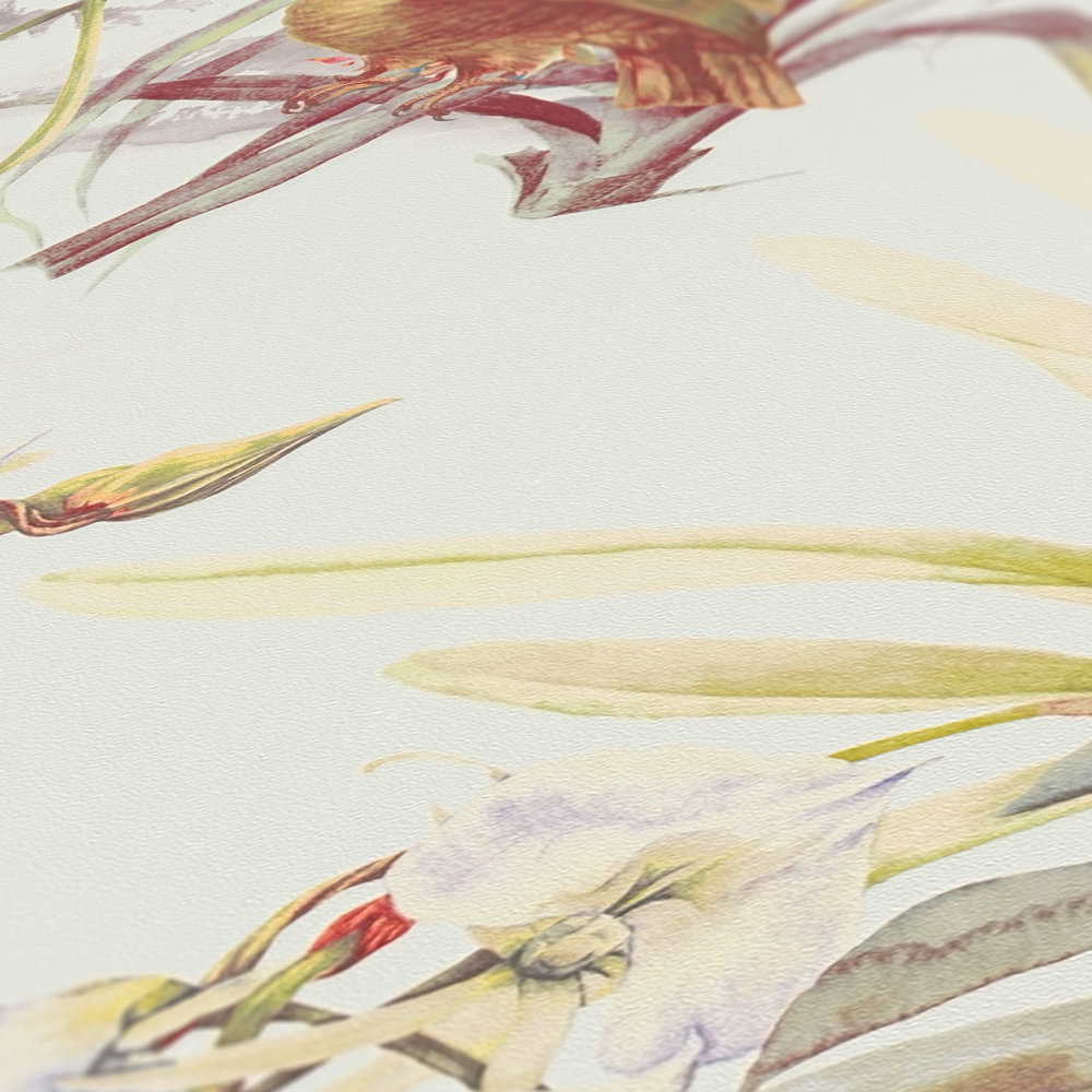             Papier peint design tropical, perroquet & fleurs exotiques - blanc, rouge
        