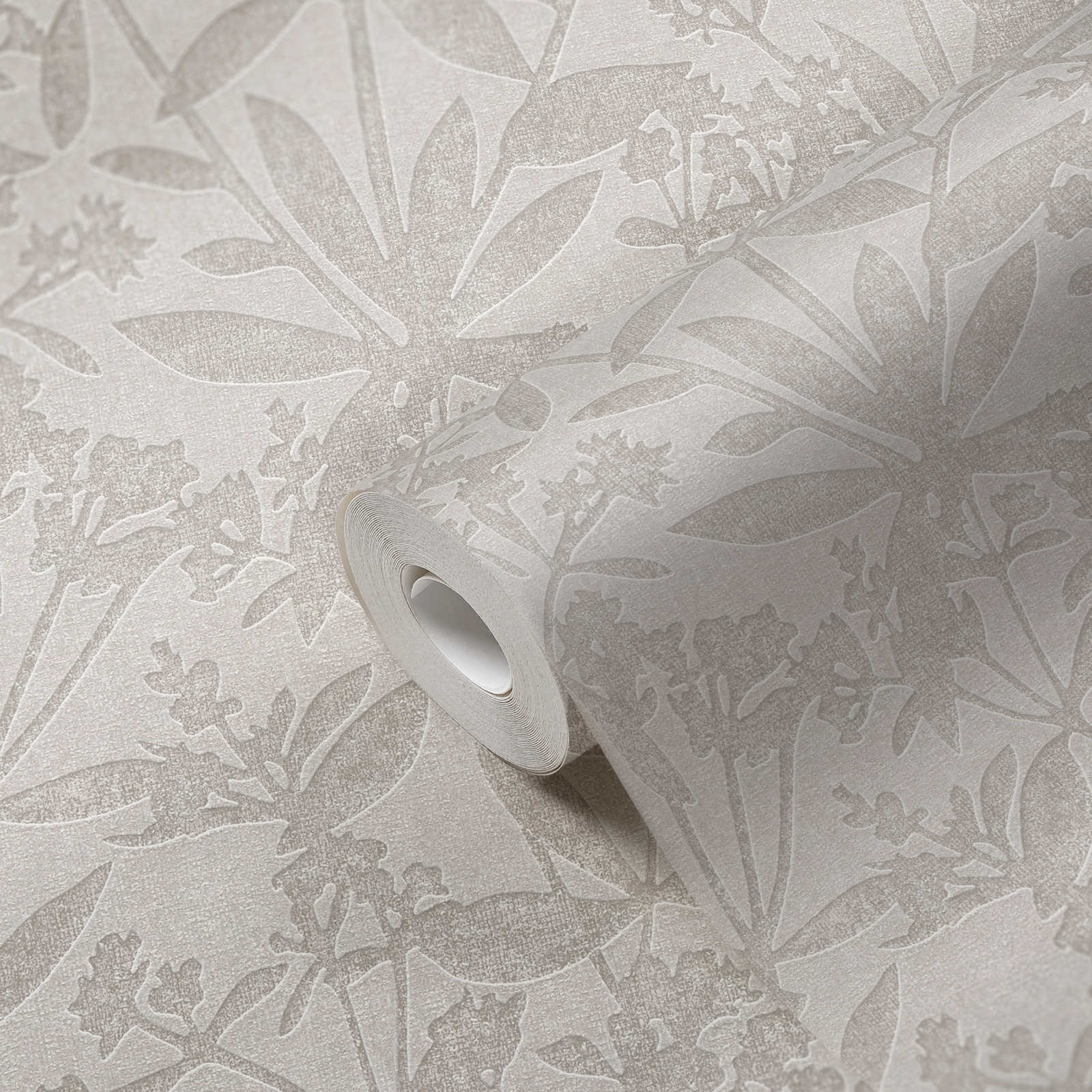             Papier peint non tissé floral fleurs et feuilles - gris, beige
        