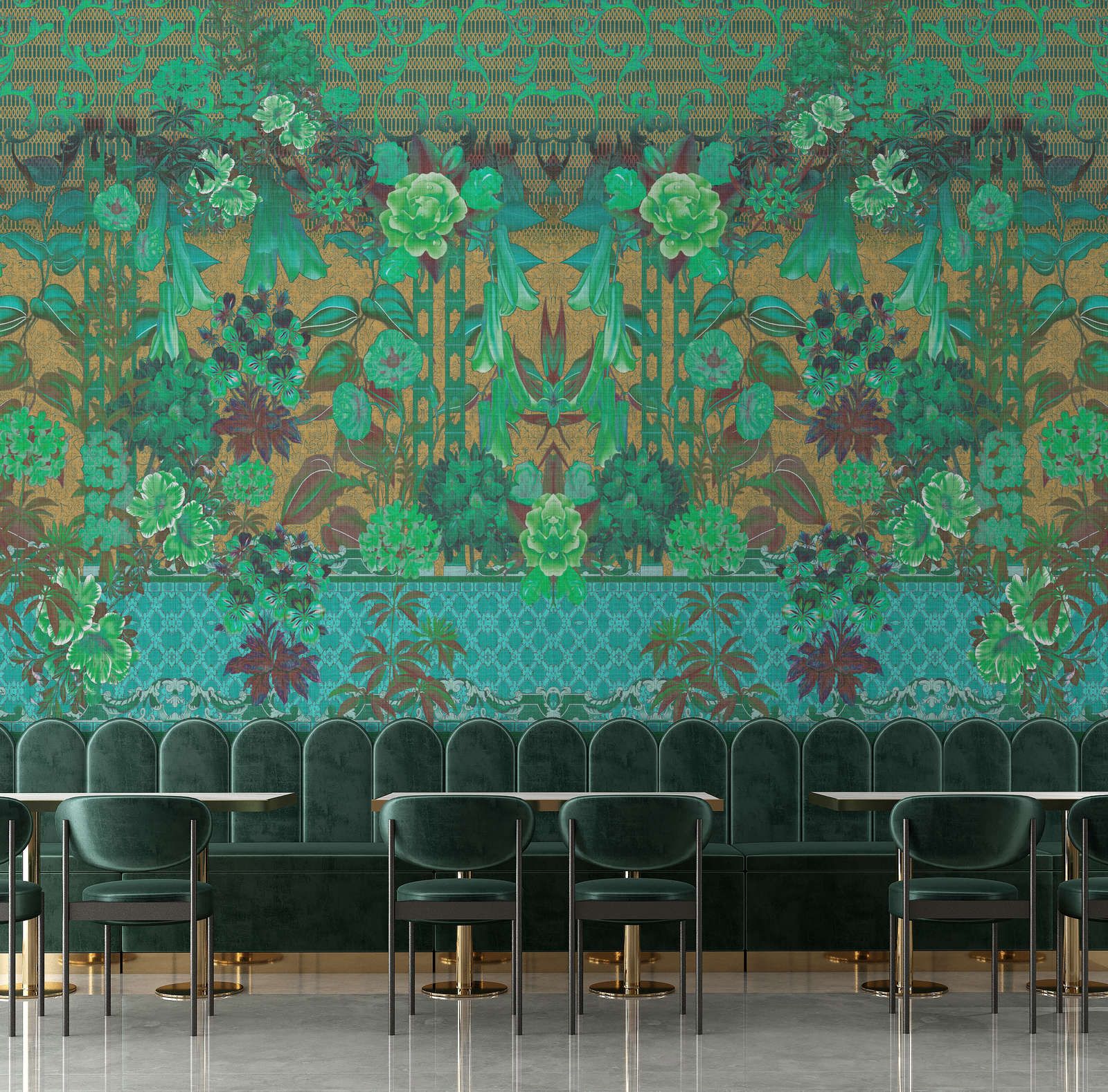            Photo wallpaper »sati 2« - Floral design & ornaments with linen structure look - Green | Smooth, slightly pearly shimmering non-woven fabric
        