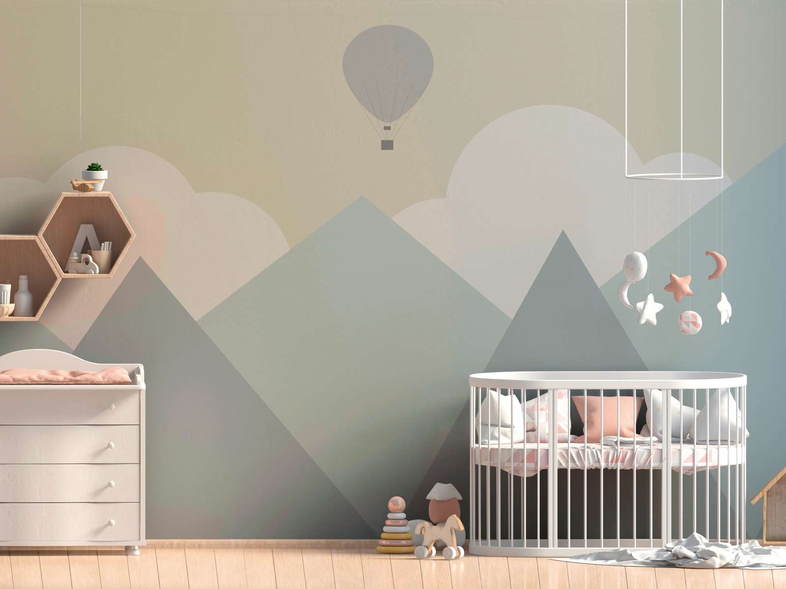             Papel pintado de habitación infantil Montañas con nubes y globos aerostáticos - Amarillo, Verde, Gris
        