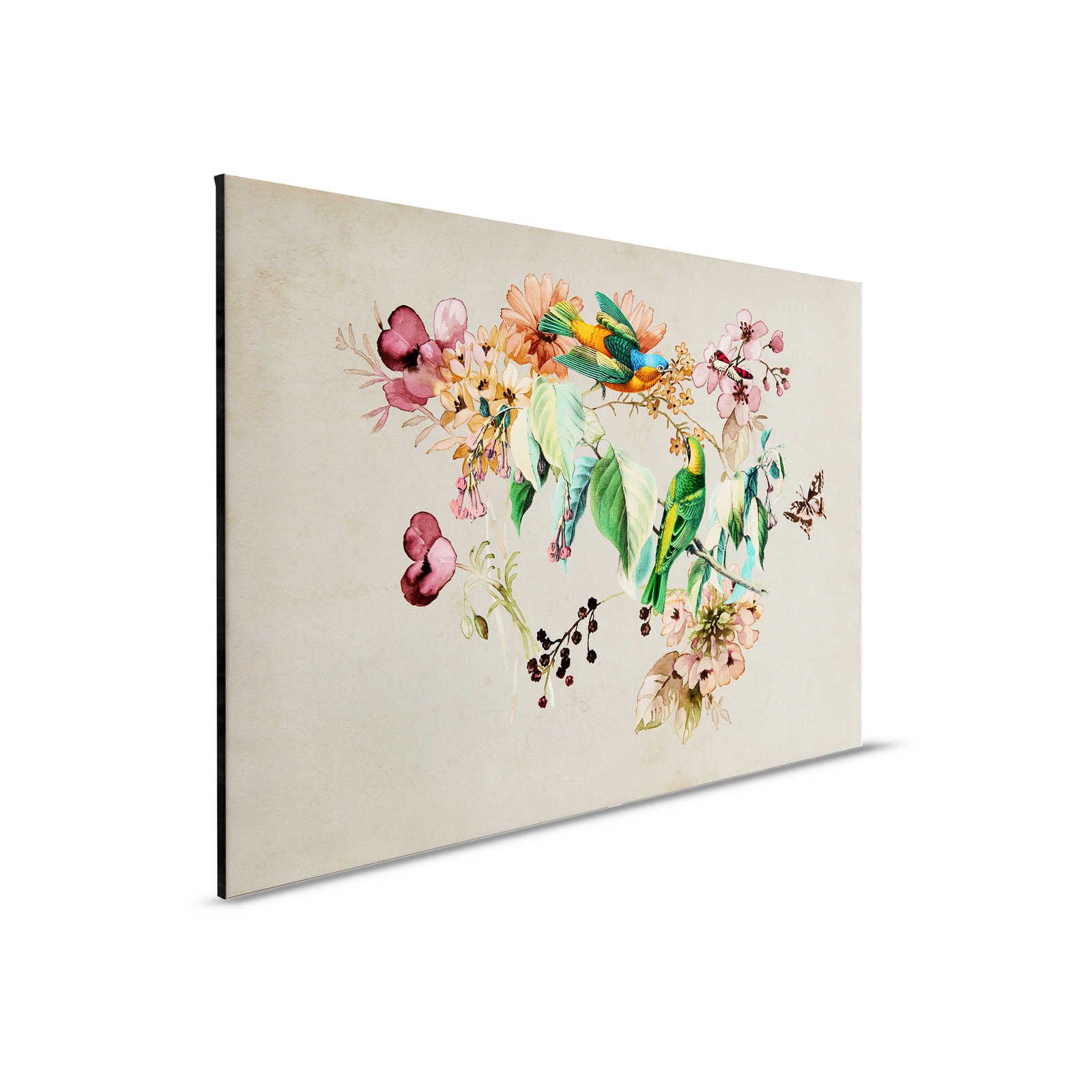 Love Nest 1 - Tableau toile avec fleurs aquarelles & oiseaux colorés - 0,90 m x 0,60 m

