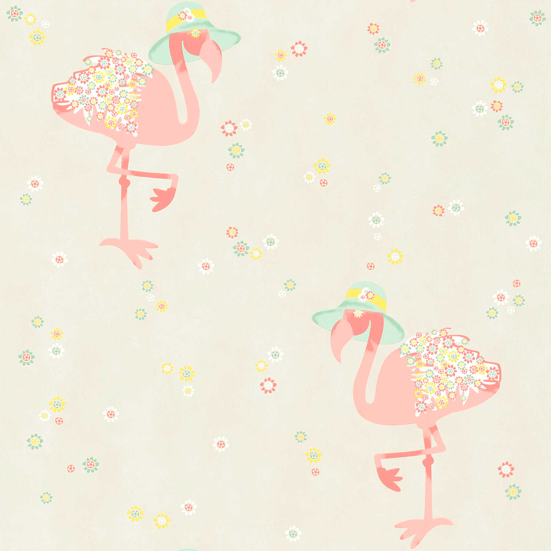 Non-woven wallpaper flamingo & flowers pattern - beige, pink
